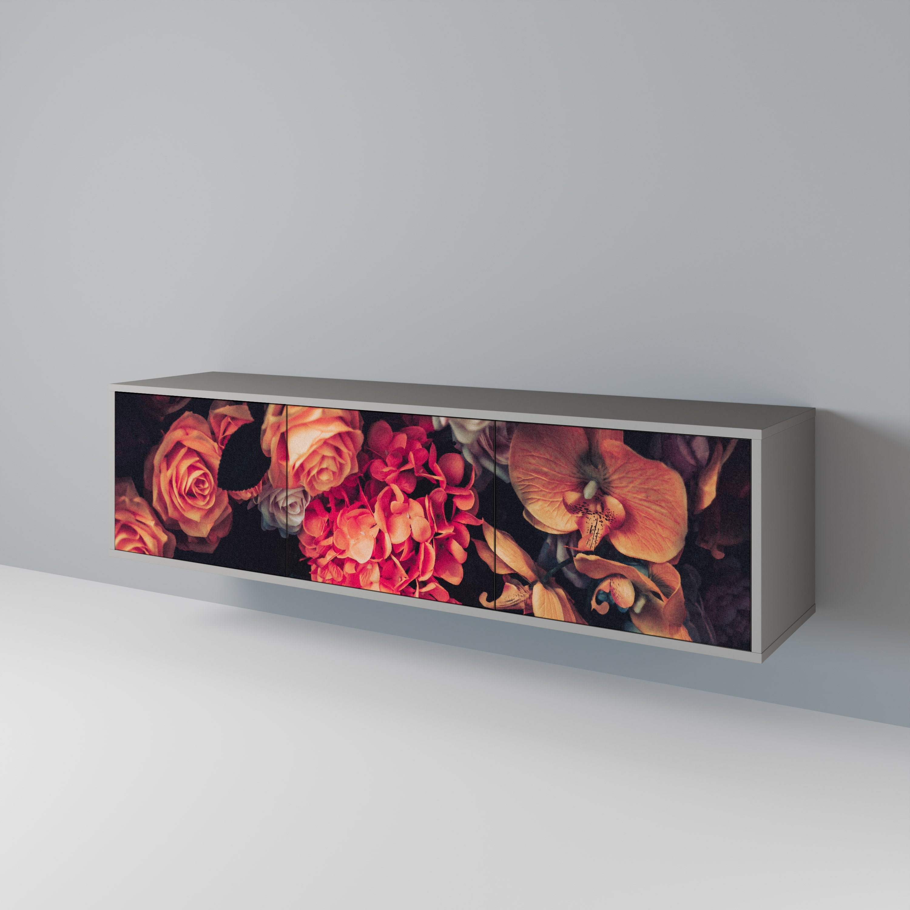 Meuble TV 3 portes NEVERENDING BLOOM, finition grise