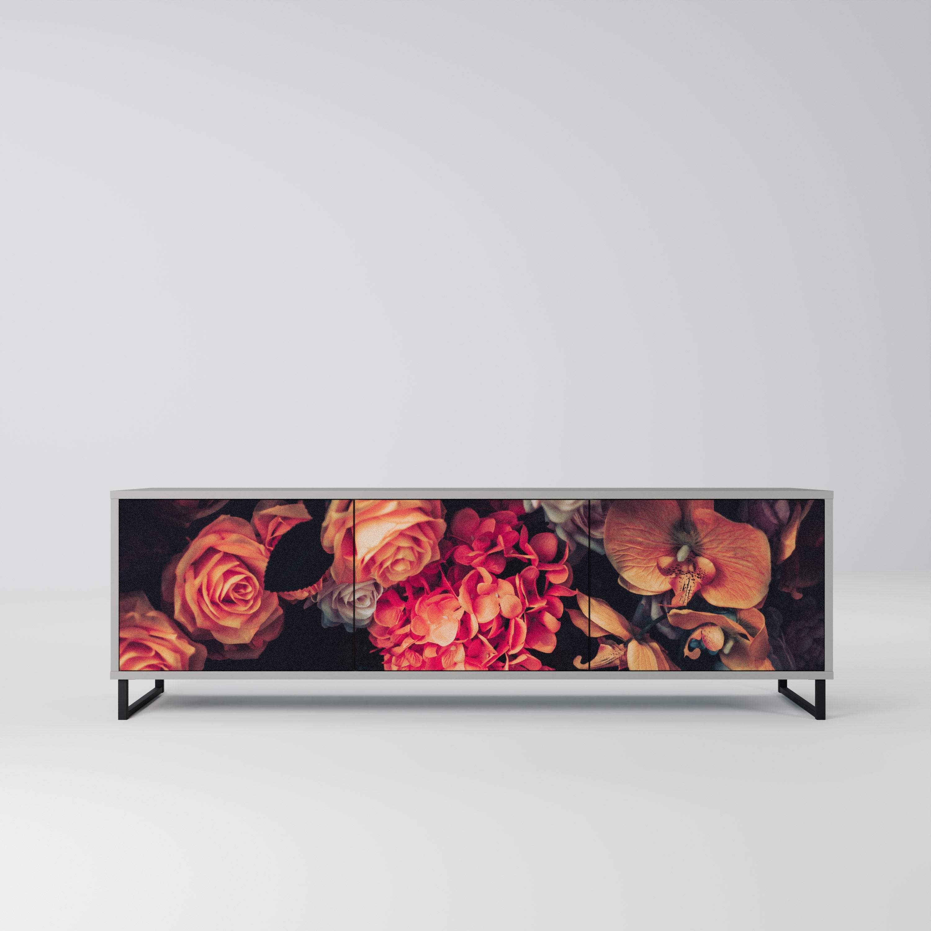 Meuble TV 3 portes NEVERENDING BLOOM, finition grise