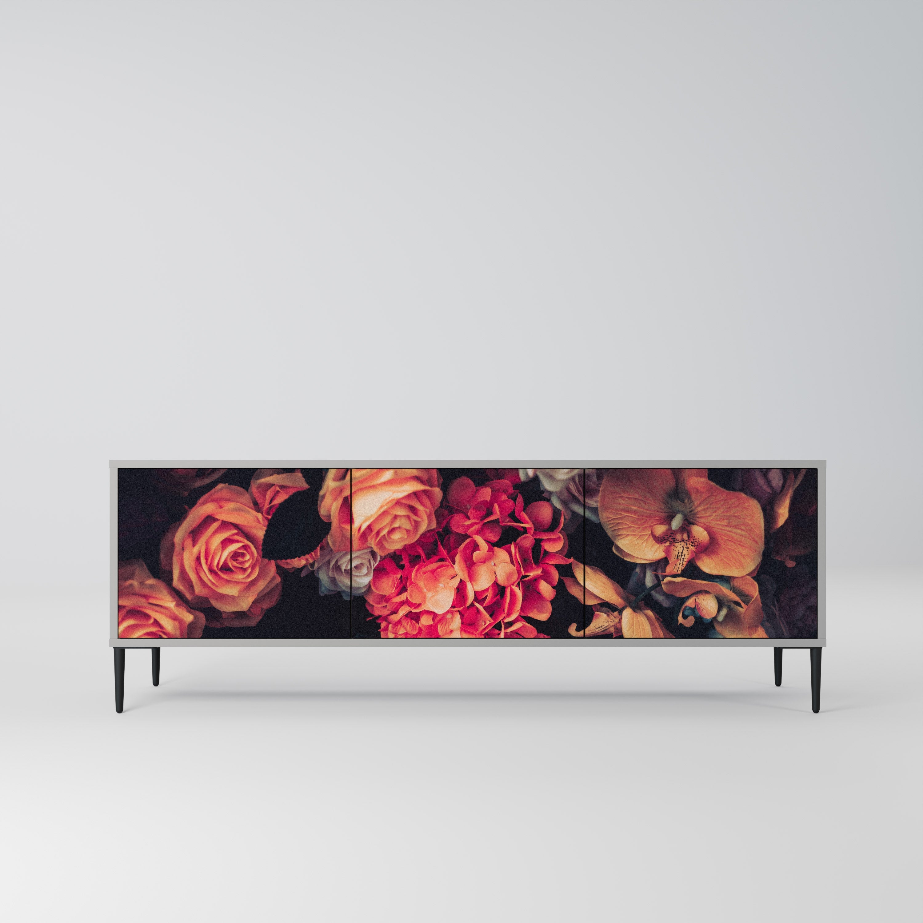 Meuble TV 3 portes NEVERENDING BLOOM, finition grise