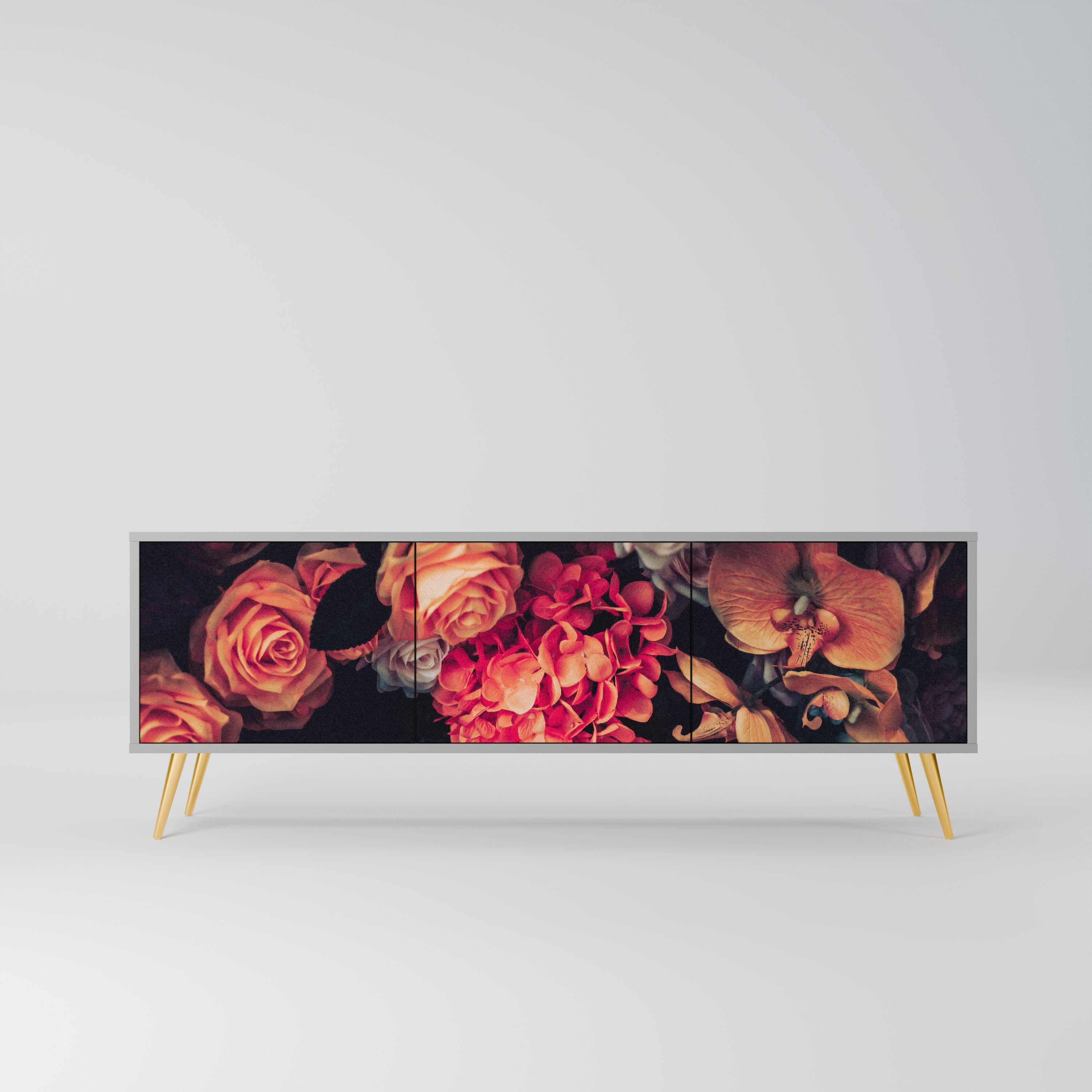 Meuble TV 3 portes NEVERENDING BLOOM, finition grise