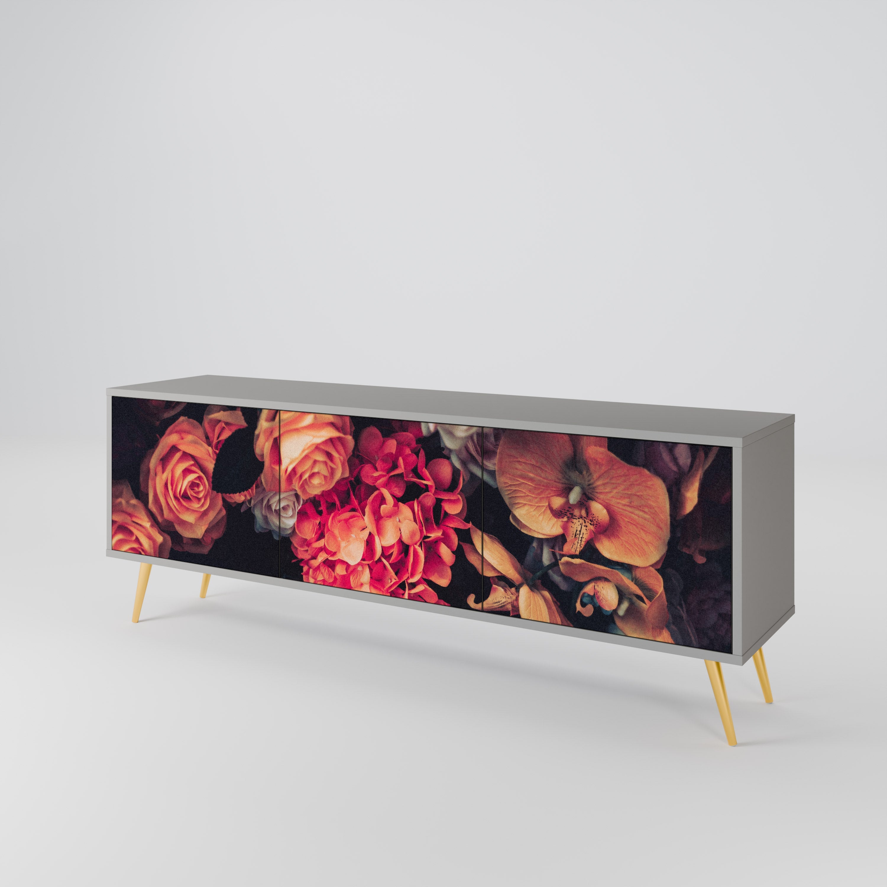 Meuble TV 3 portes NEVERENDING BLOOM, finition grise