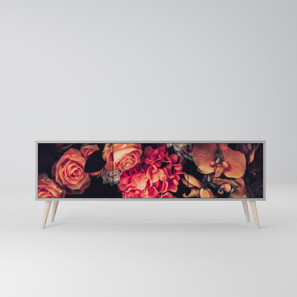 Meuble TV 3 portes NEVERENDING BLOOM, finition grise