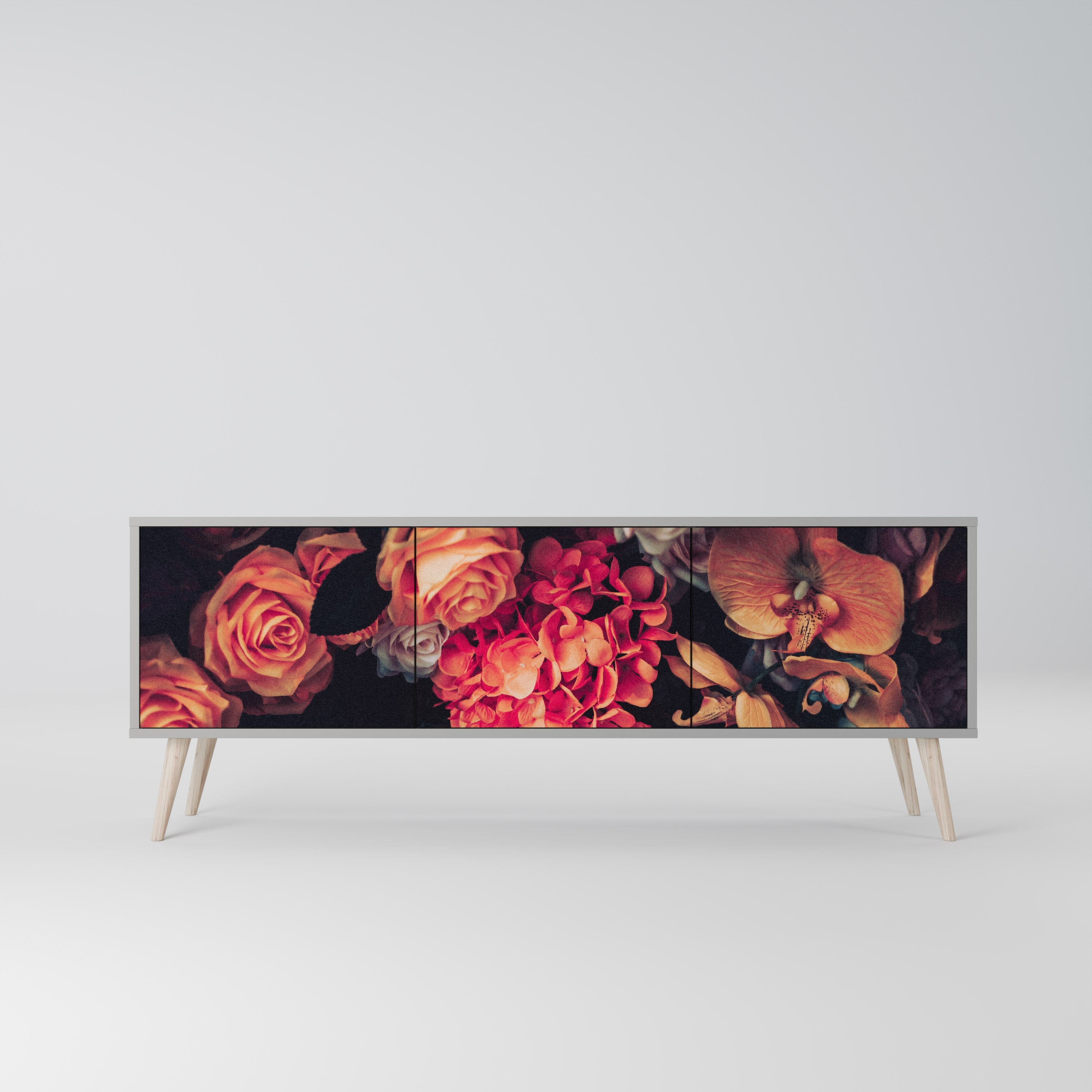 Meuble TV 3 portes NEVERENDING BLOOM, finition grise