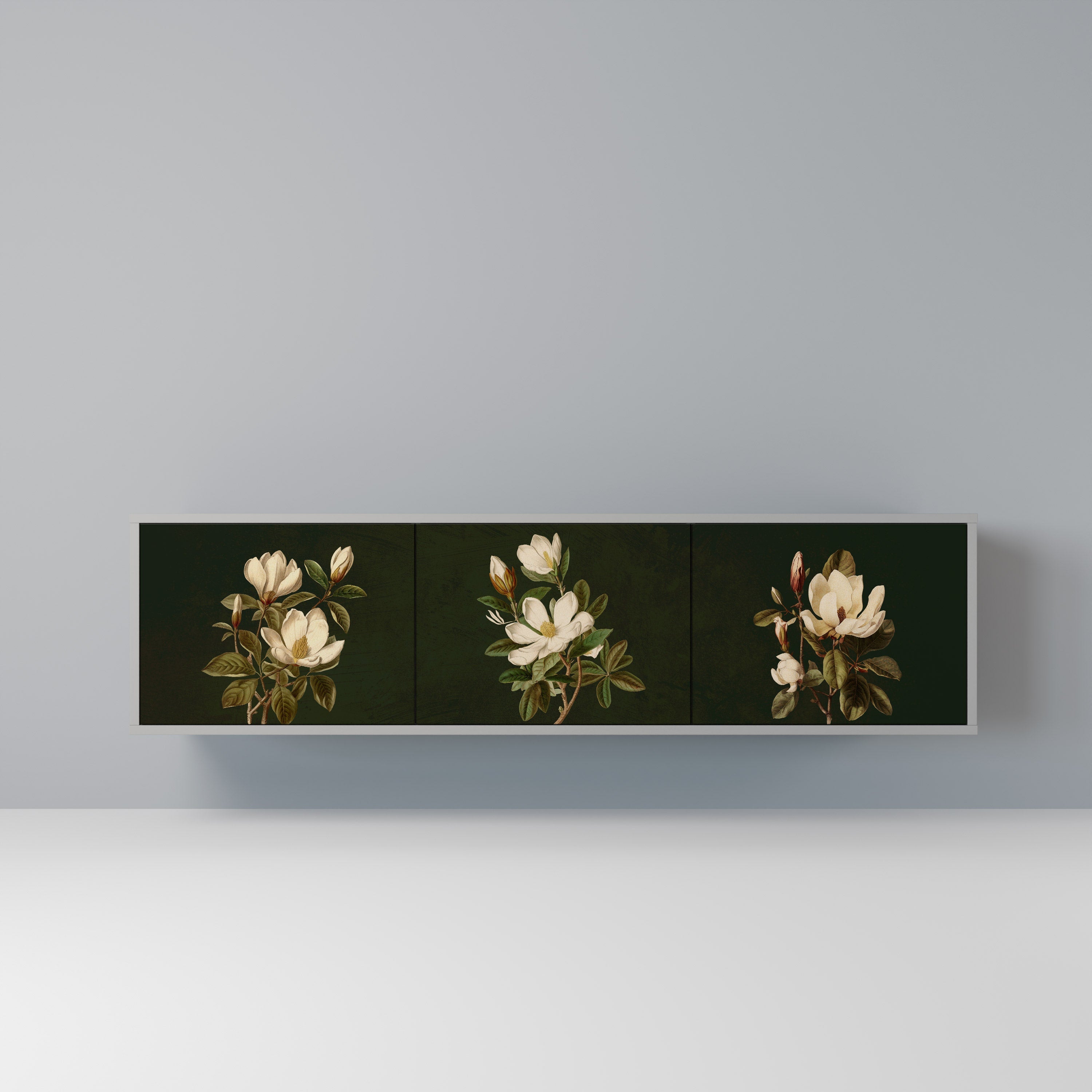 Meuble TV 3 portes FLORAL NOIR finition grise