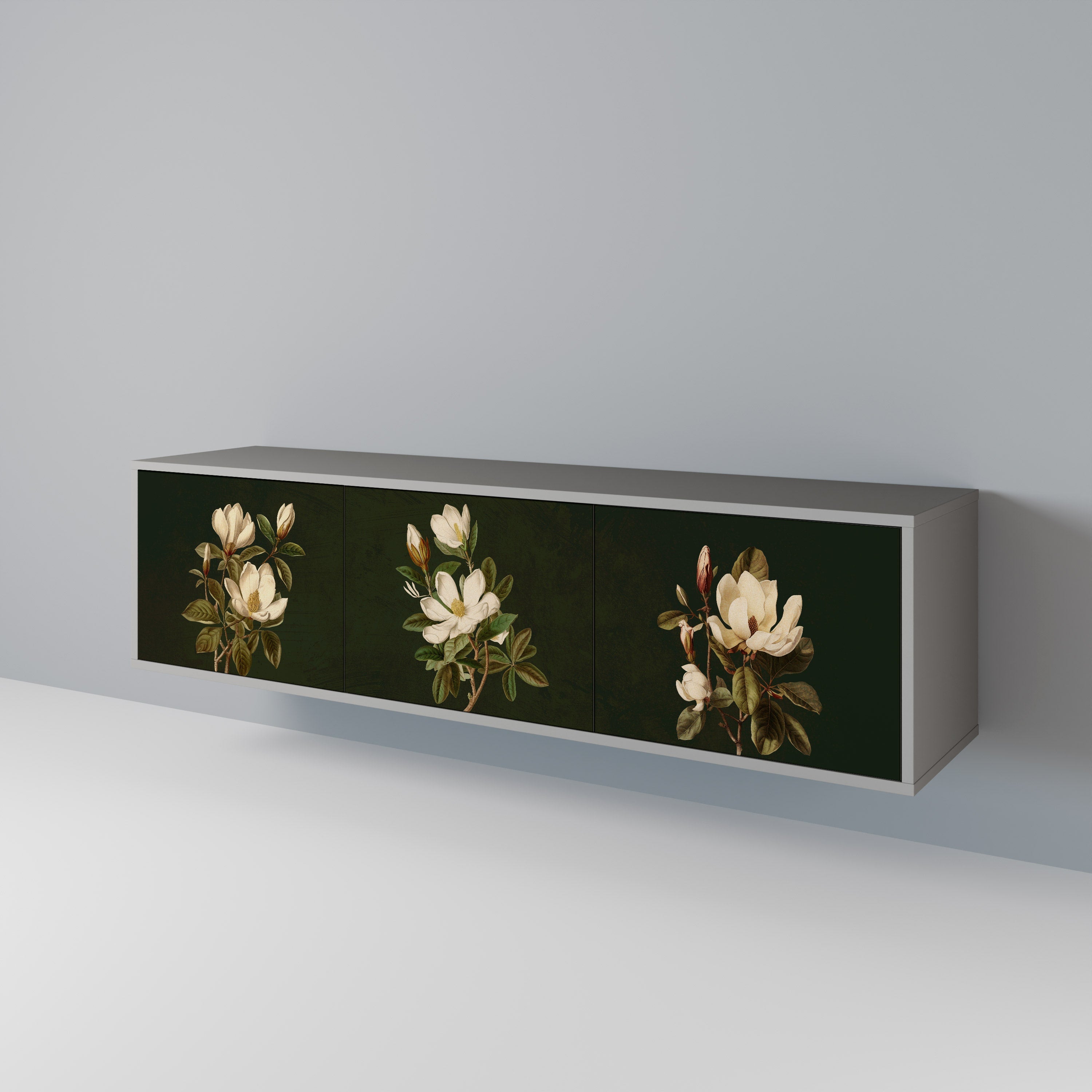 Meuble TV 3 portes FLORAL NOIR finition grise