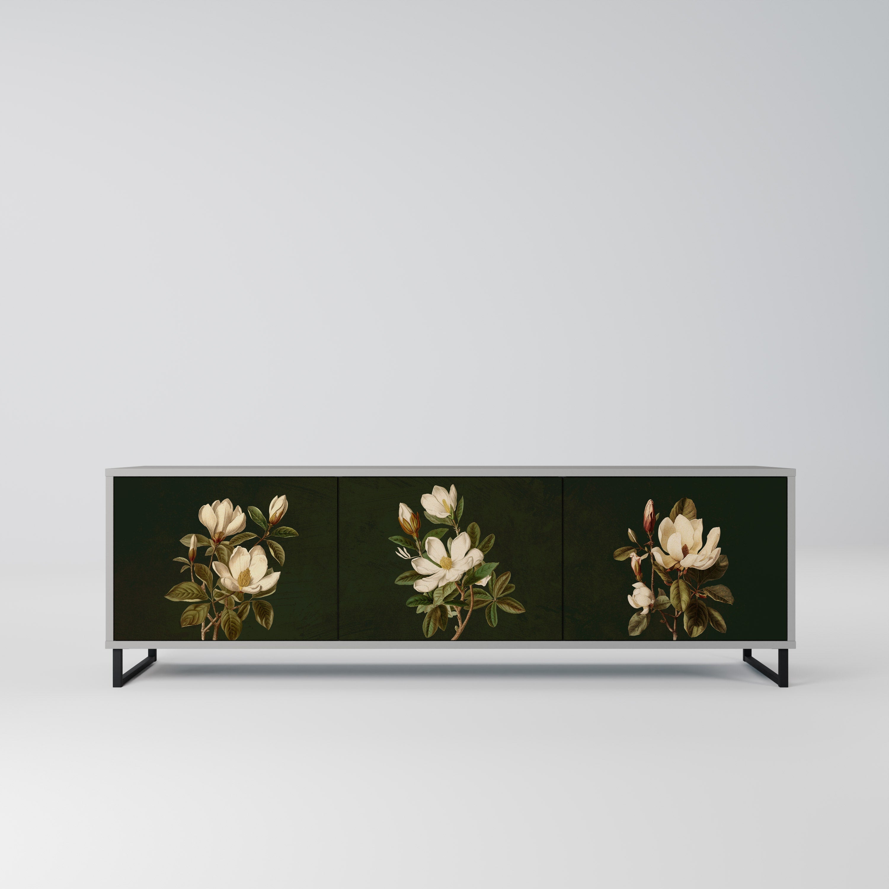 Meuble TV 3 portes FLORAL NOIR finition grise