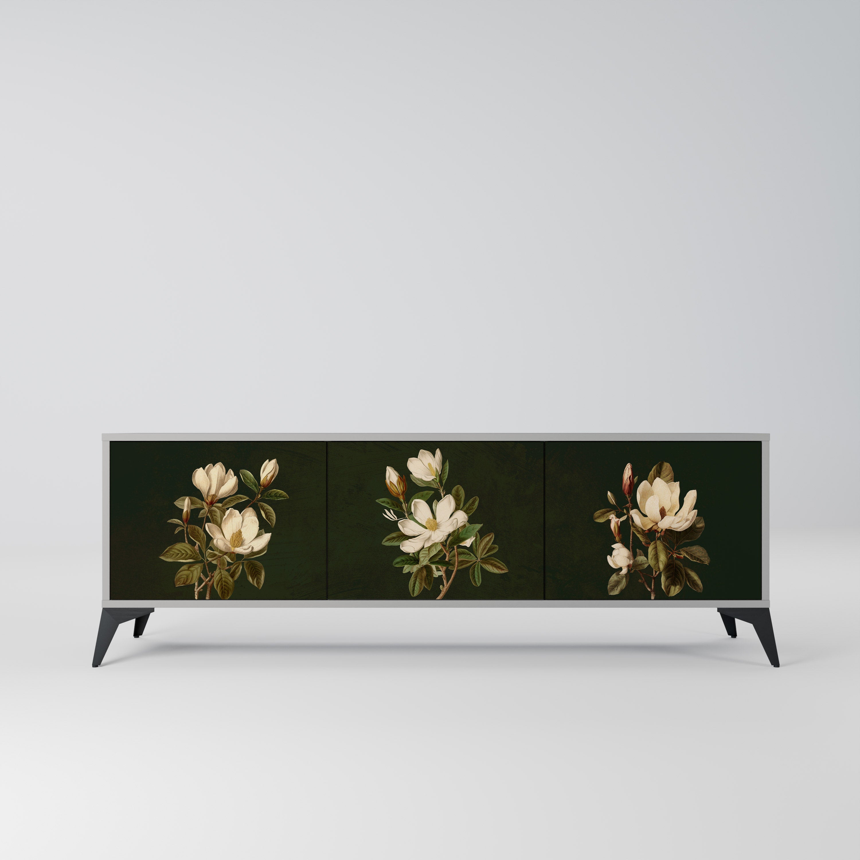 Meuble TV 3 portes FLORAL NOIR finition grise