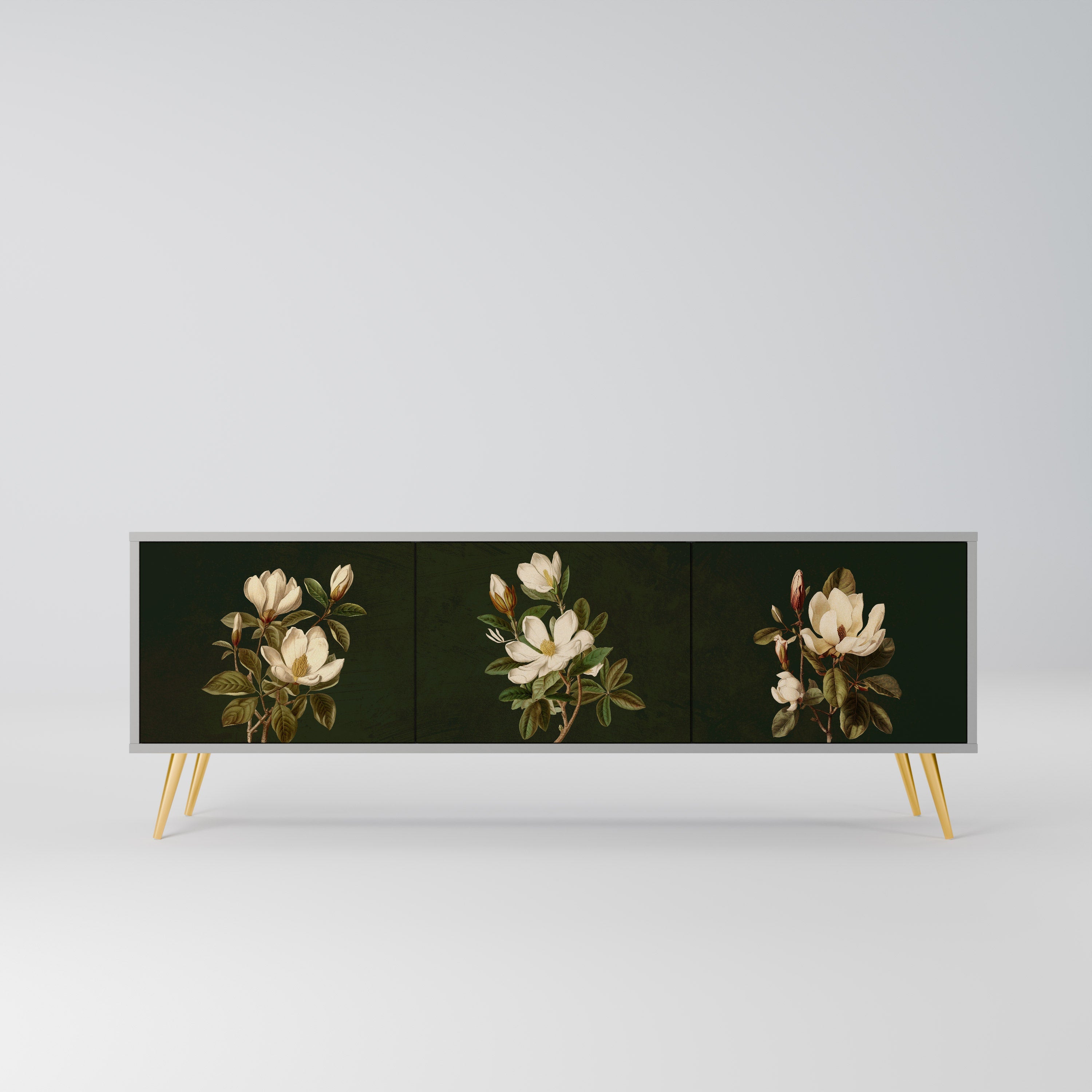 Meuble TV 3 portes FLORAL NOIR finition grise