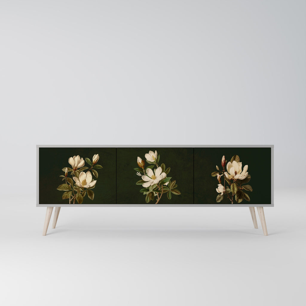 Meuble TV 3 portes FLORAL NOIR finition grise