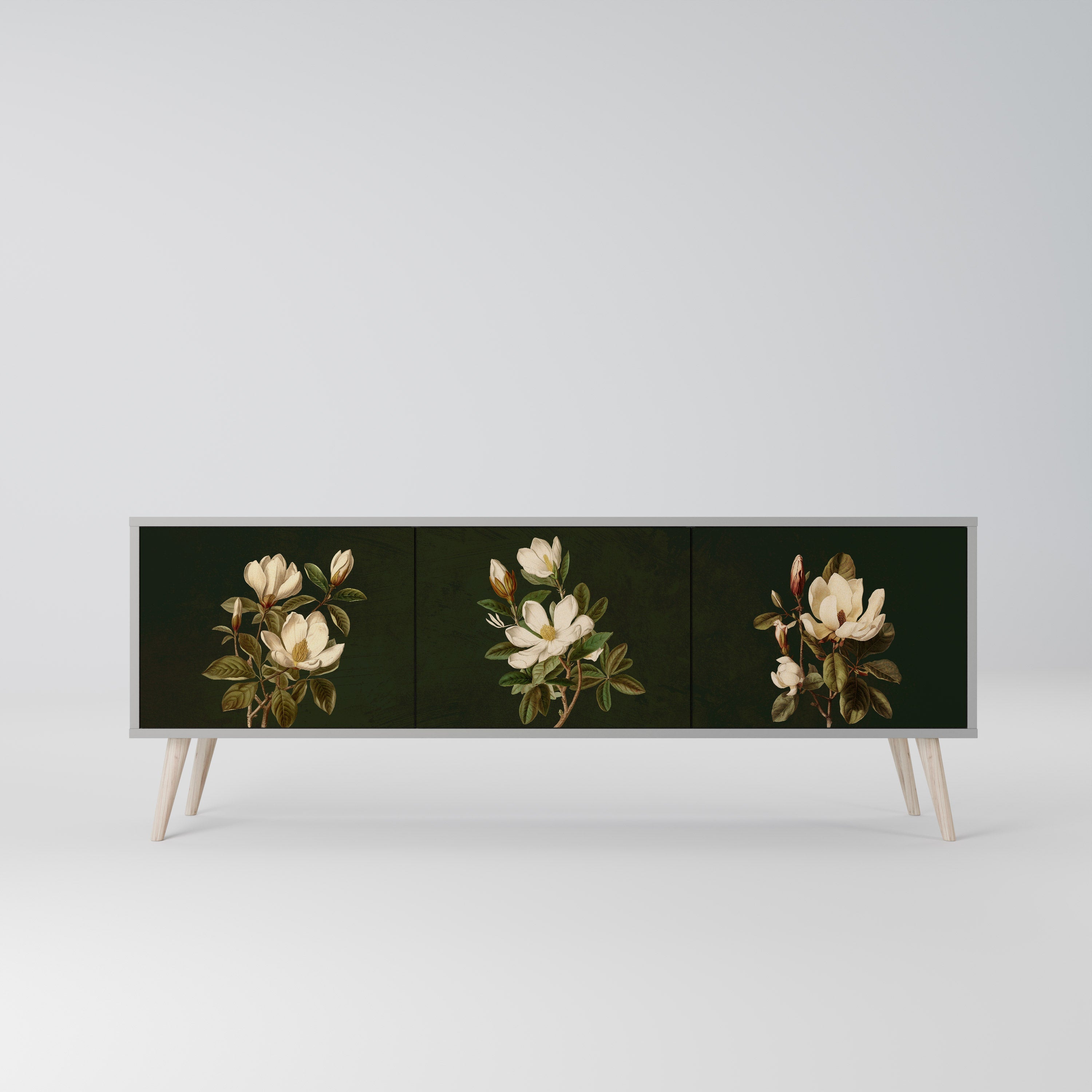 Meuble TV 3 portes FLORAL NOIR finition grise