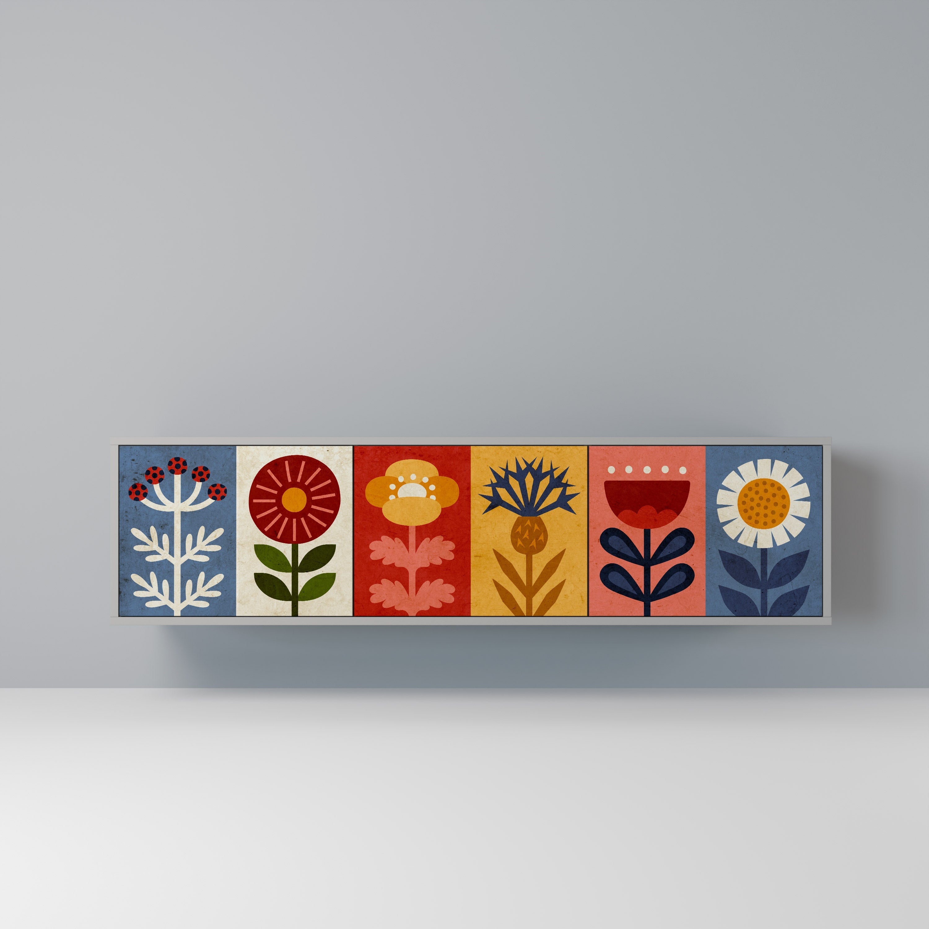 Meuble TV 3 portes SCANDIC FLOWERET, finition grise