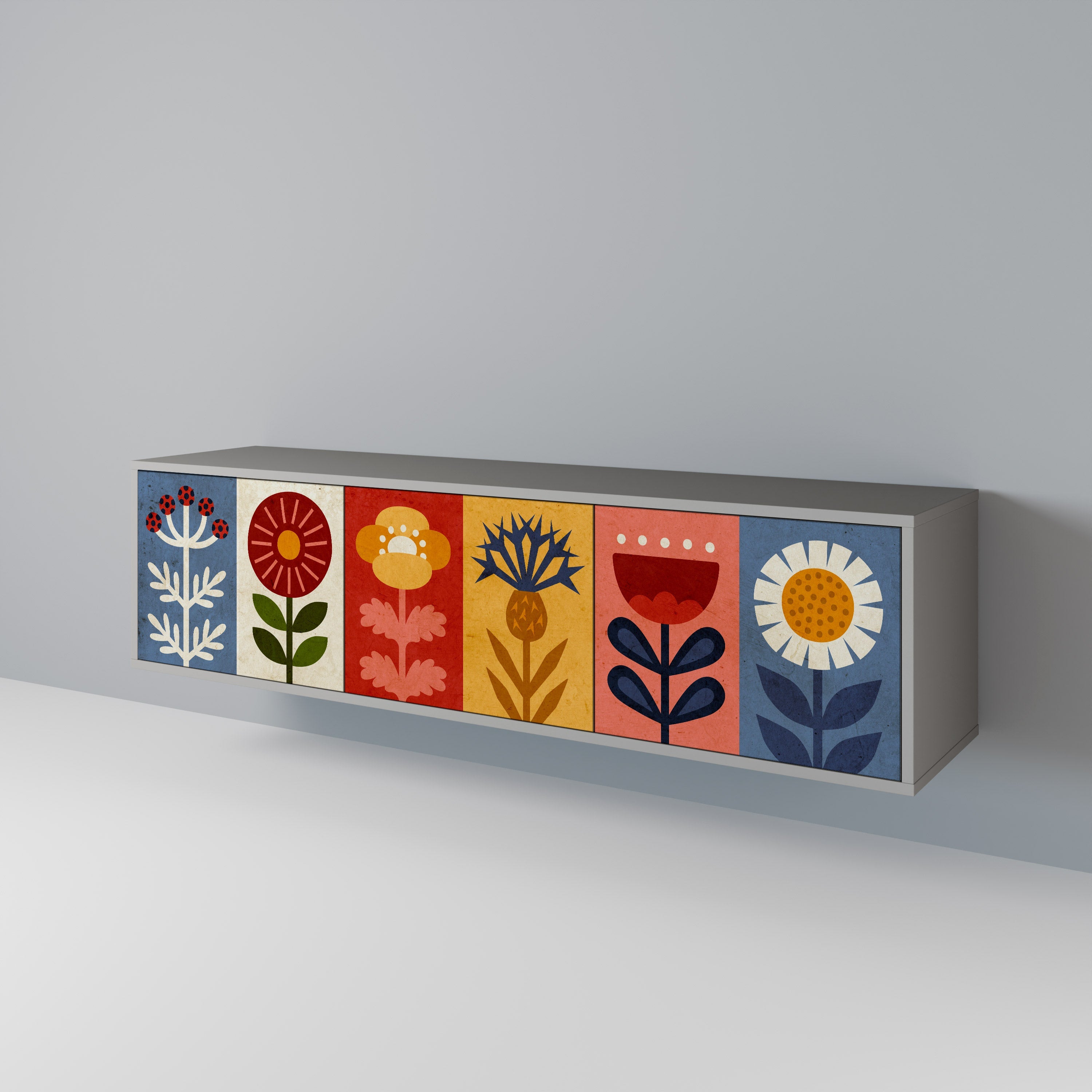 Meuble TV 3 portes SCANDIC FLOWERET, finition grise