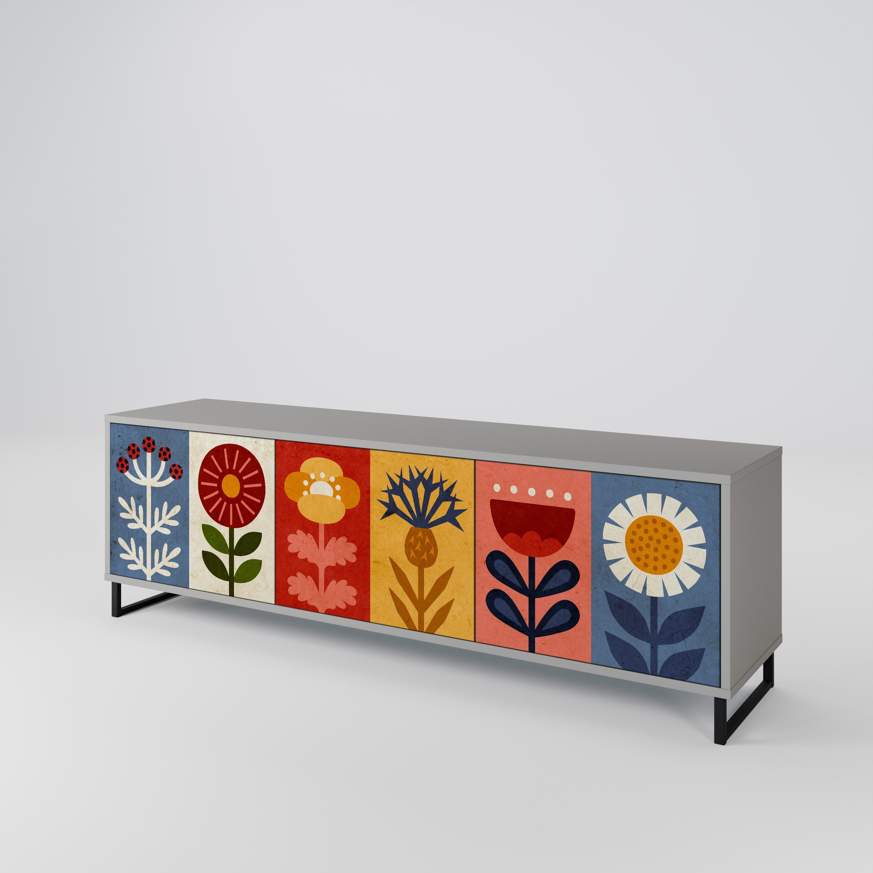 Meuble TV 3 portes SCANDIC FLOWERET, finition grise