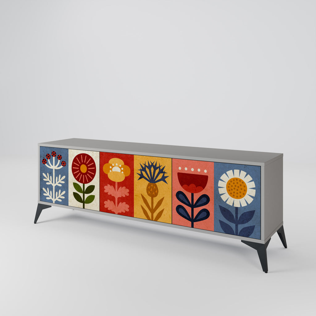 Meuble TV 3 portes SCANDIC FLOWERET, finition grise