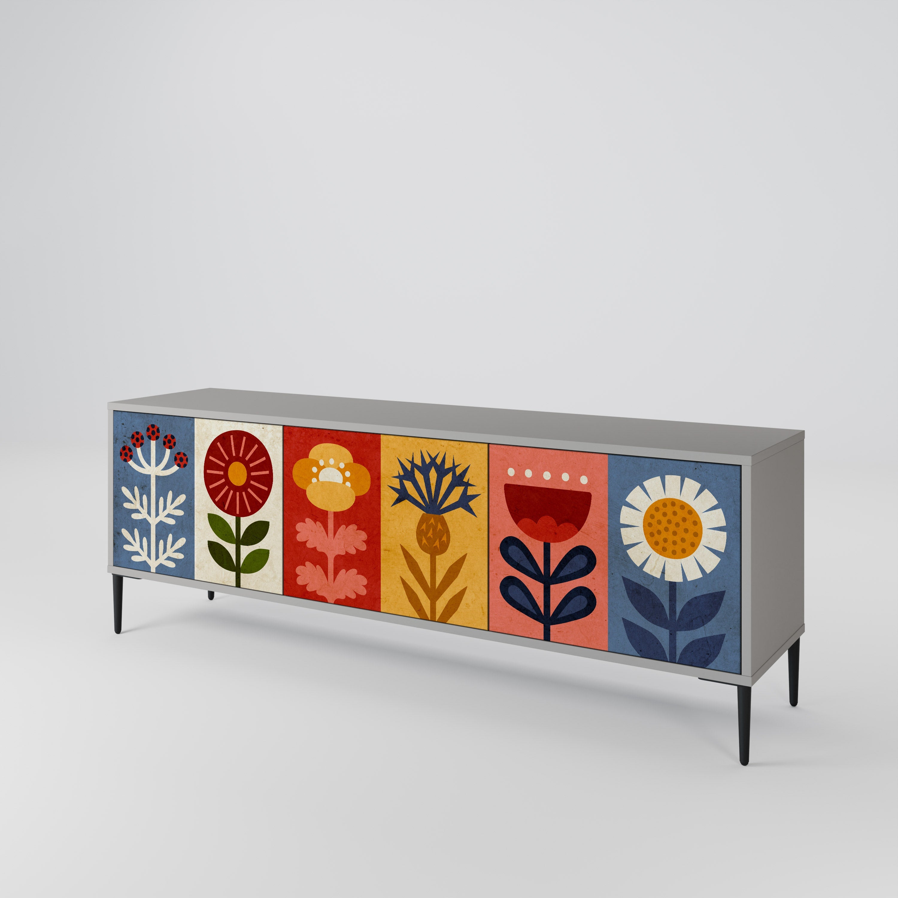 Meuble TV 3 portes SCANDIC FLOWERET, finition grise