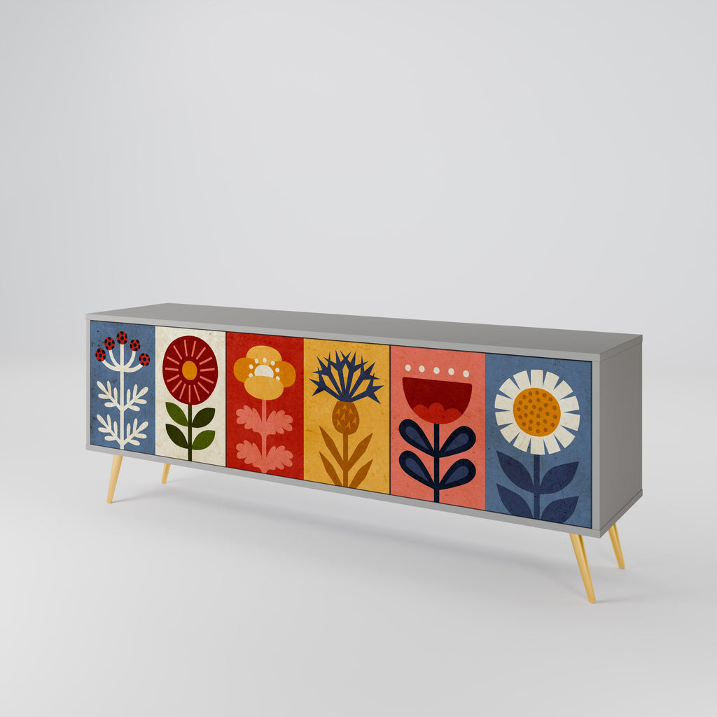 Meuble TV 3 portes SCANDIC FLOWERET, finition grise