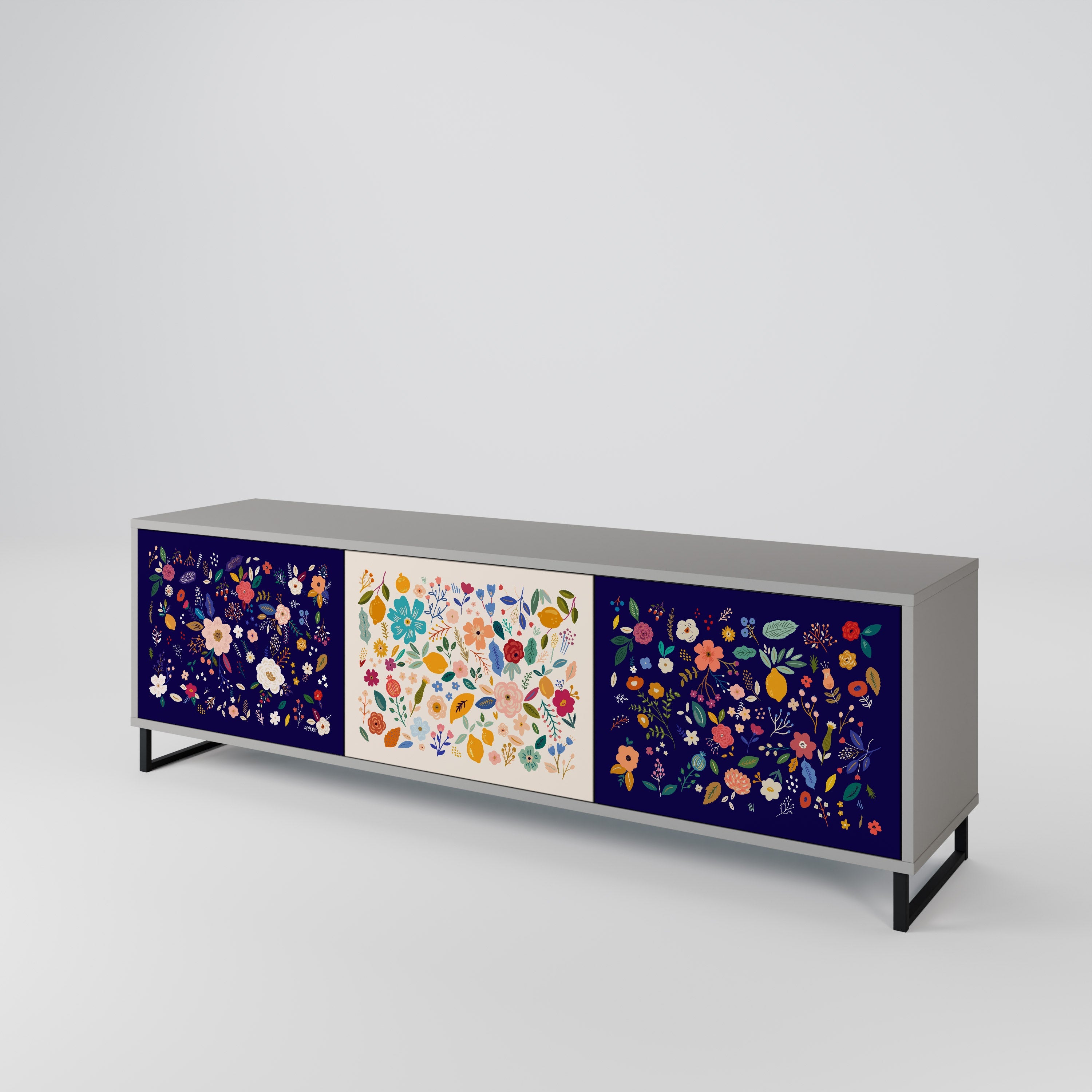 Meuble TV 3 portes FLORAL COMBINATION, finition grise