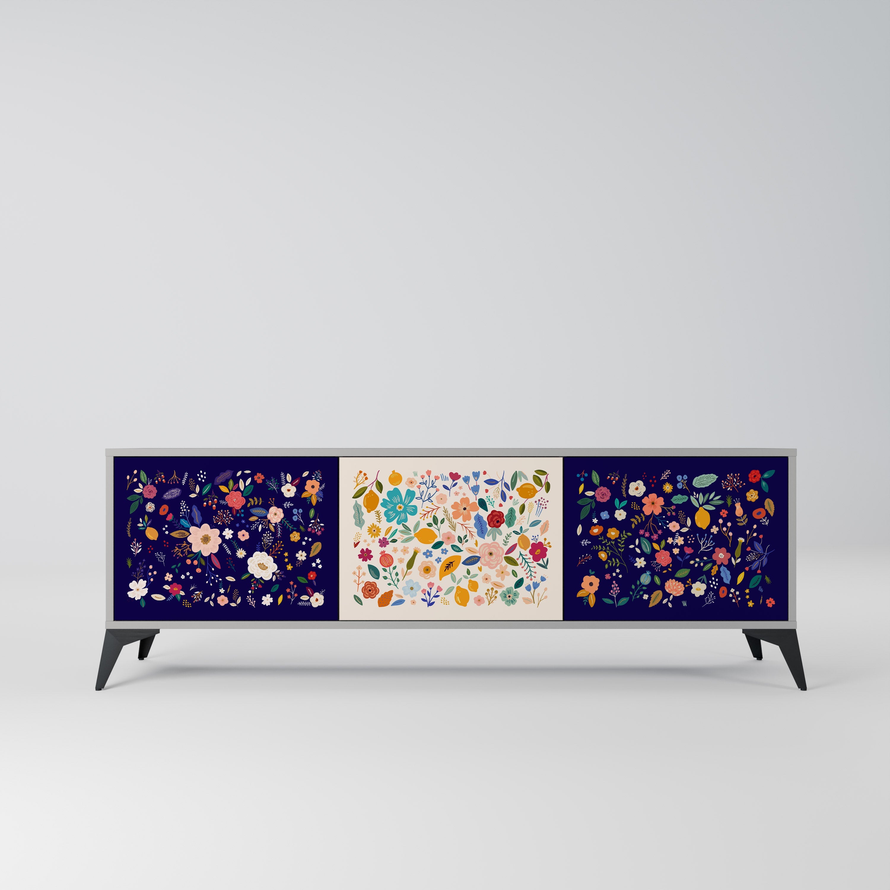 Meuble TV 3 portes FLORAL COMBINATION, finition grise