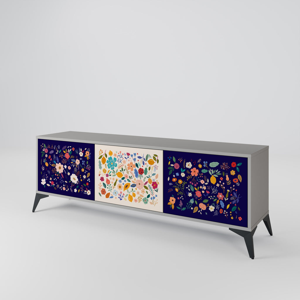 Meuble TV 3 portes FLORAL COMBINATION, finition grise