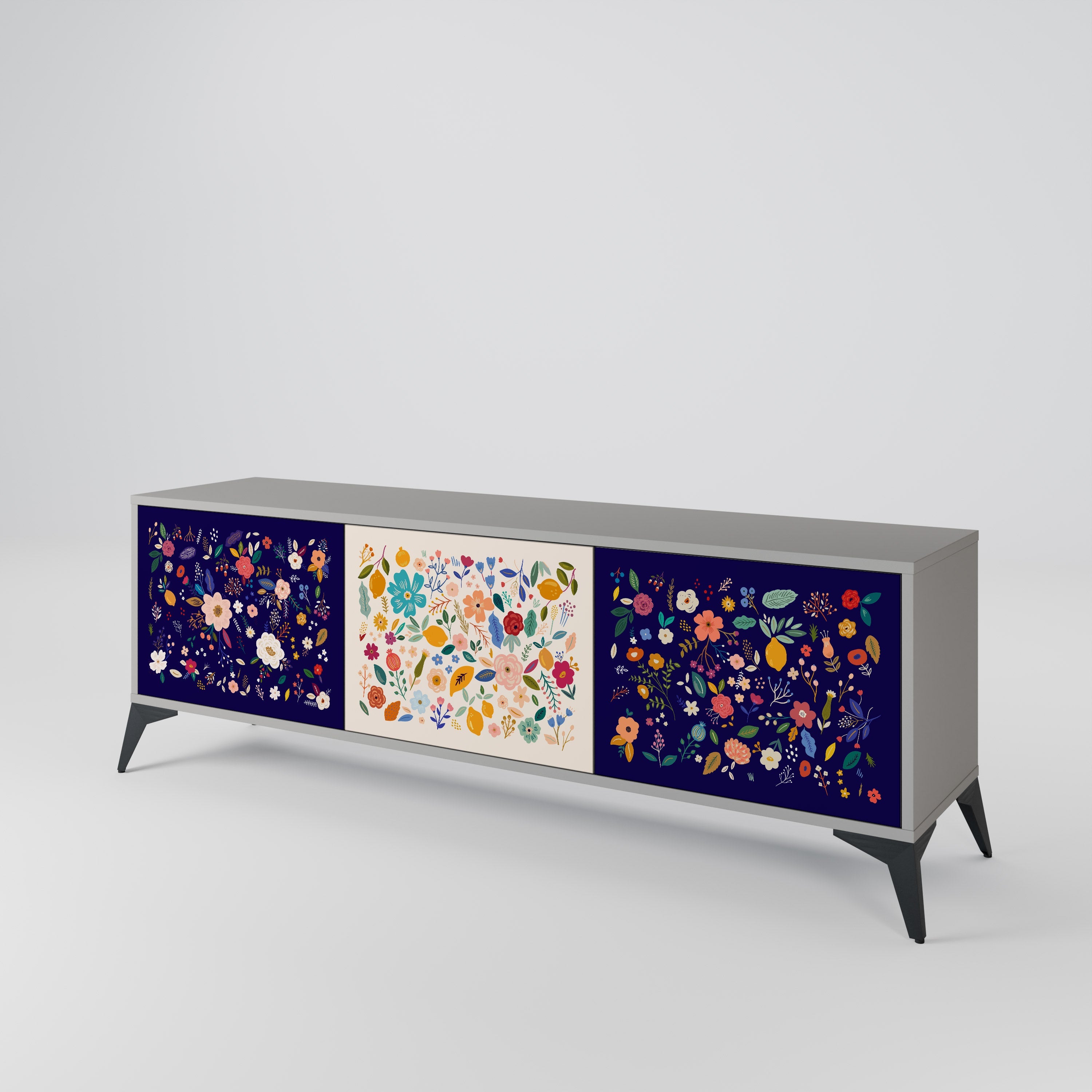 Meuble TV 3 portes FLORAL COMBINATION, finition grise