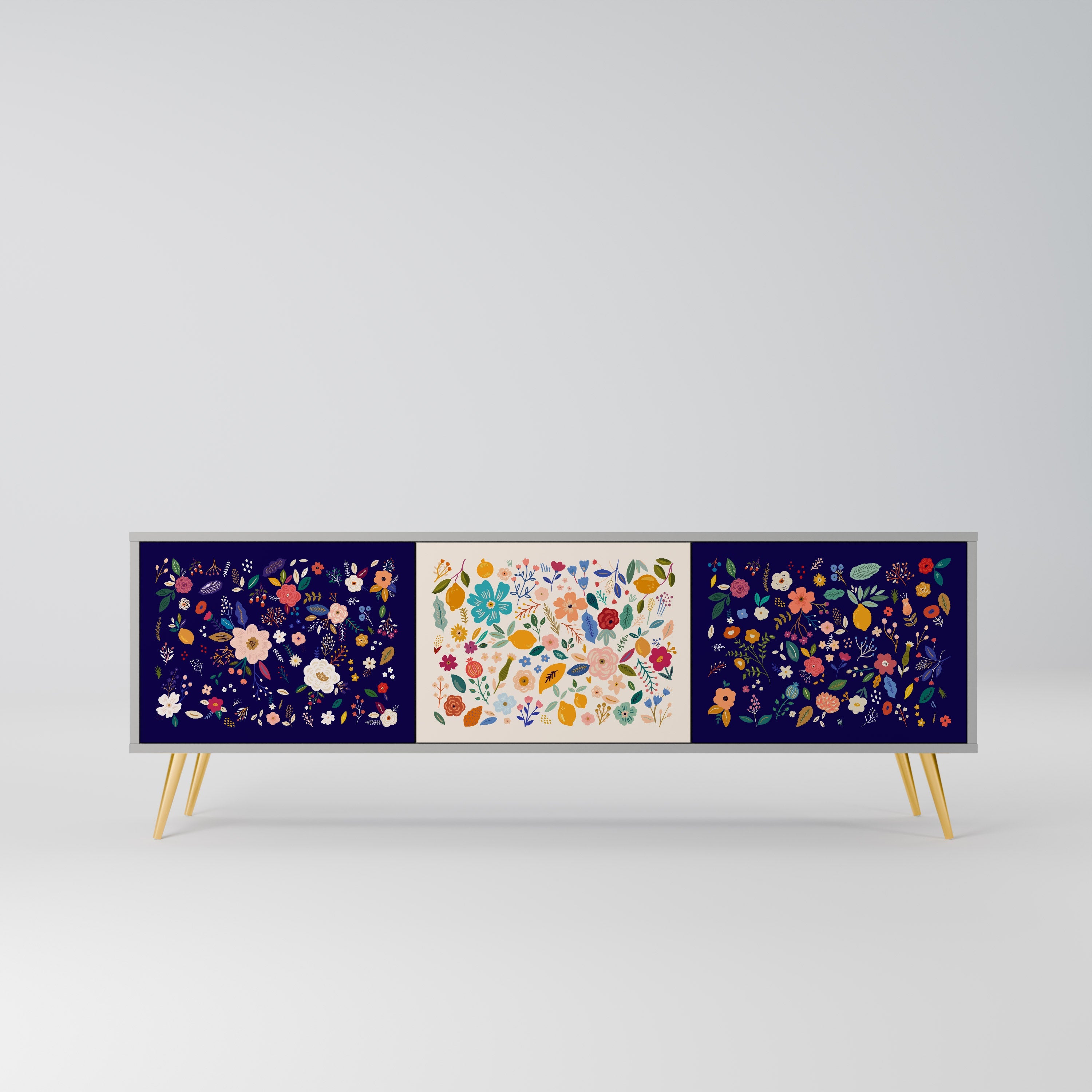 Meuble TV 3 portes FLORAL COMBINATION, finition grise