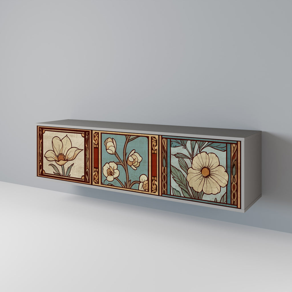 Meuble TV 3 portes TIMELESS FLORA, finition grise