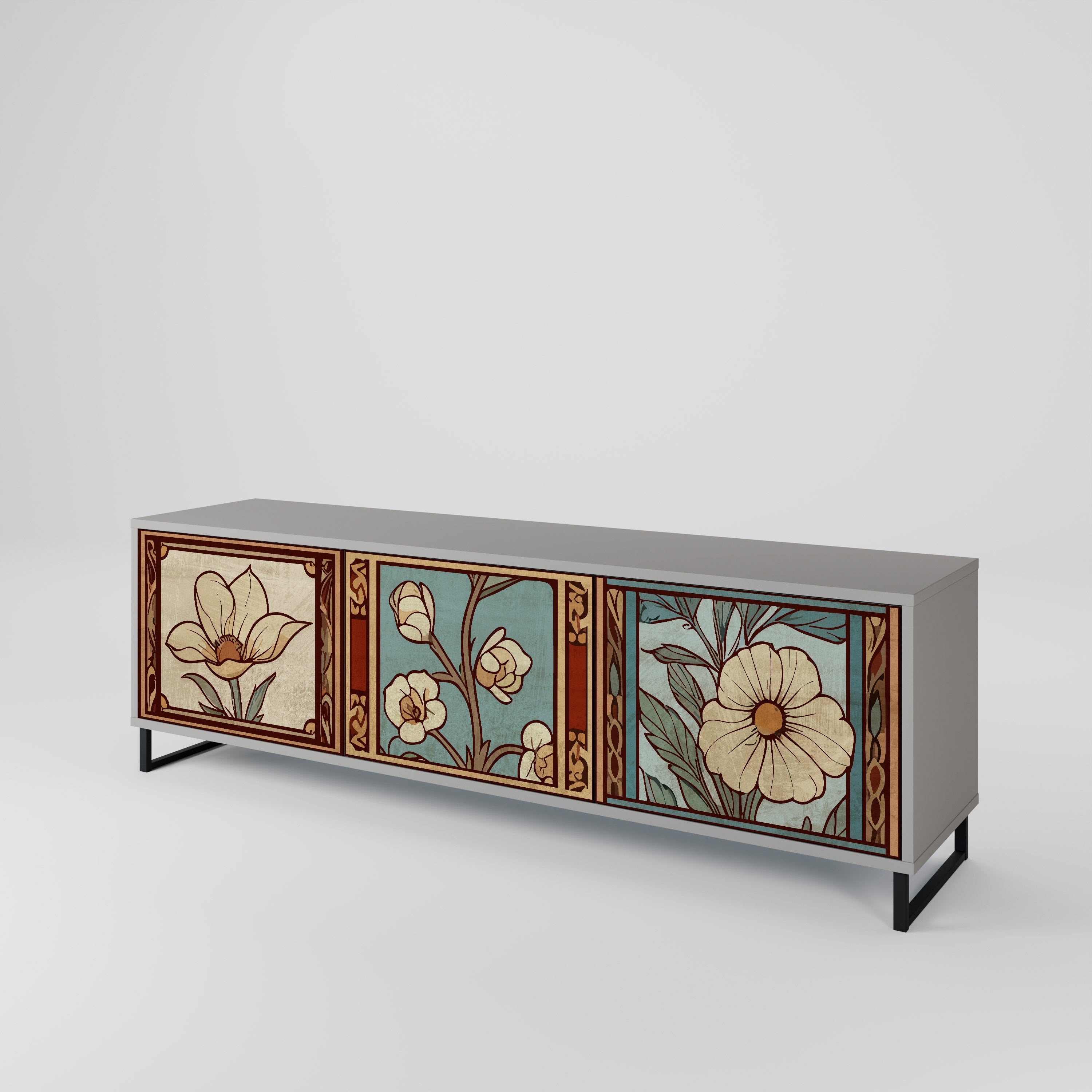 Meuble TV 3 portes TIMELESS FLORA, finition grise