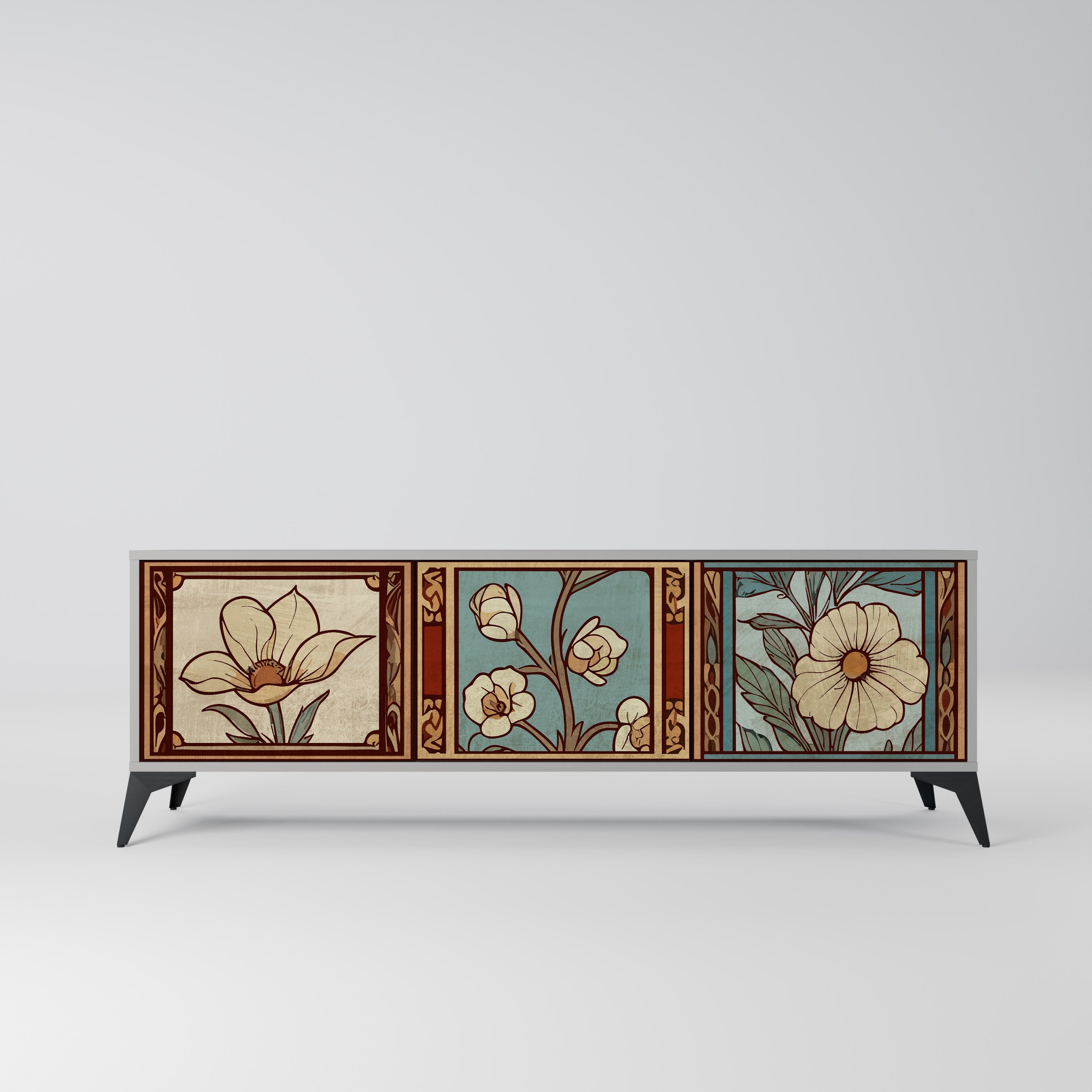 Meuble TV 3 portes TIMELESS FLORA, finition grise