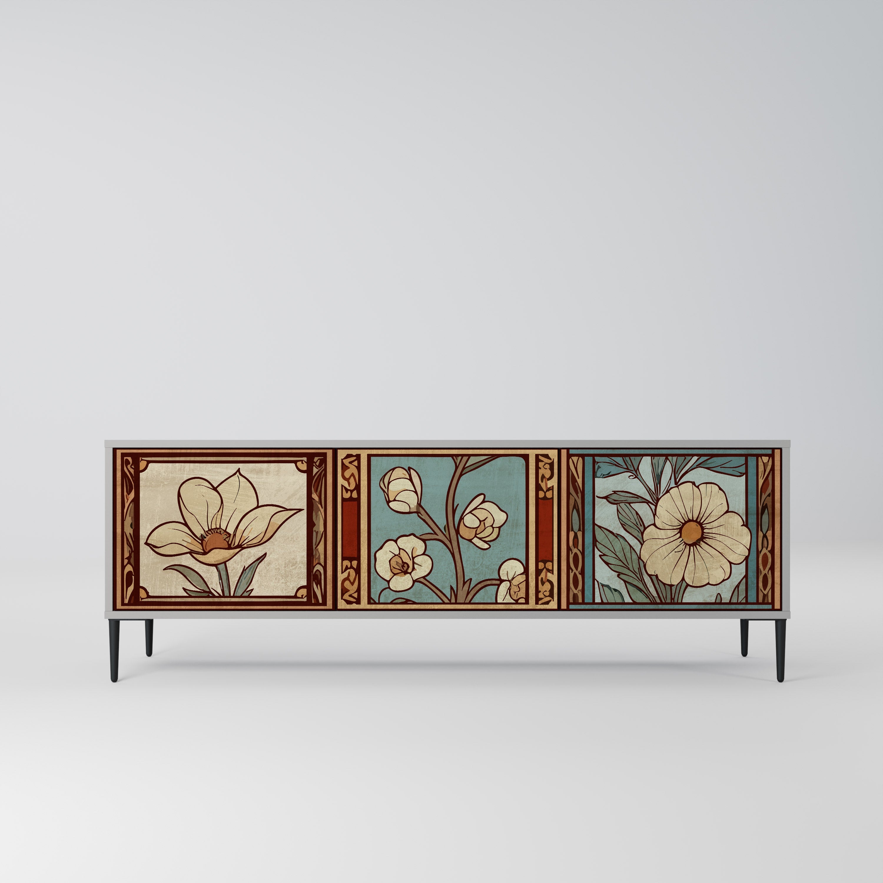 Meuble TV 3 portes TIMELESS FLORA, finition grise