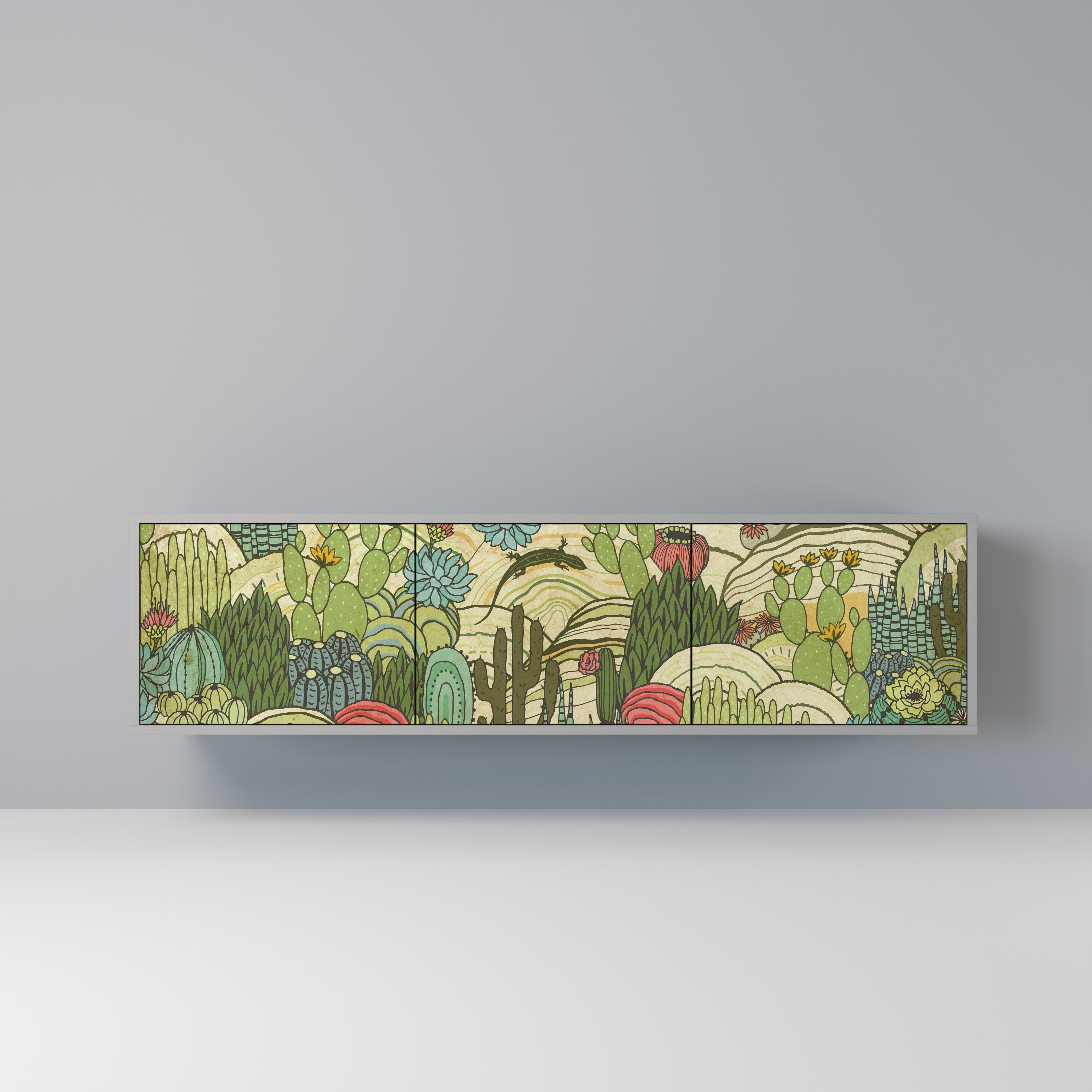 Meuble TV 3 portes SUCCULENTS KALEIDOSCOPE, finition grise