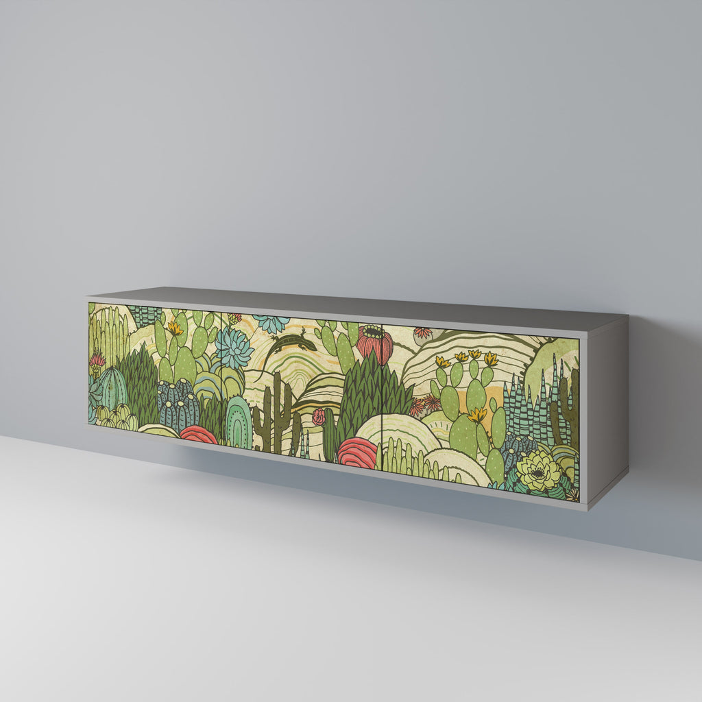 Meuble TV 3 portes SUCCULENTS KALEIDOSCOPE, finition grise