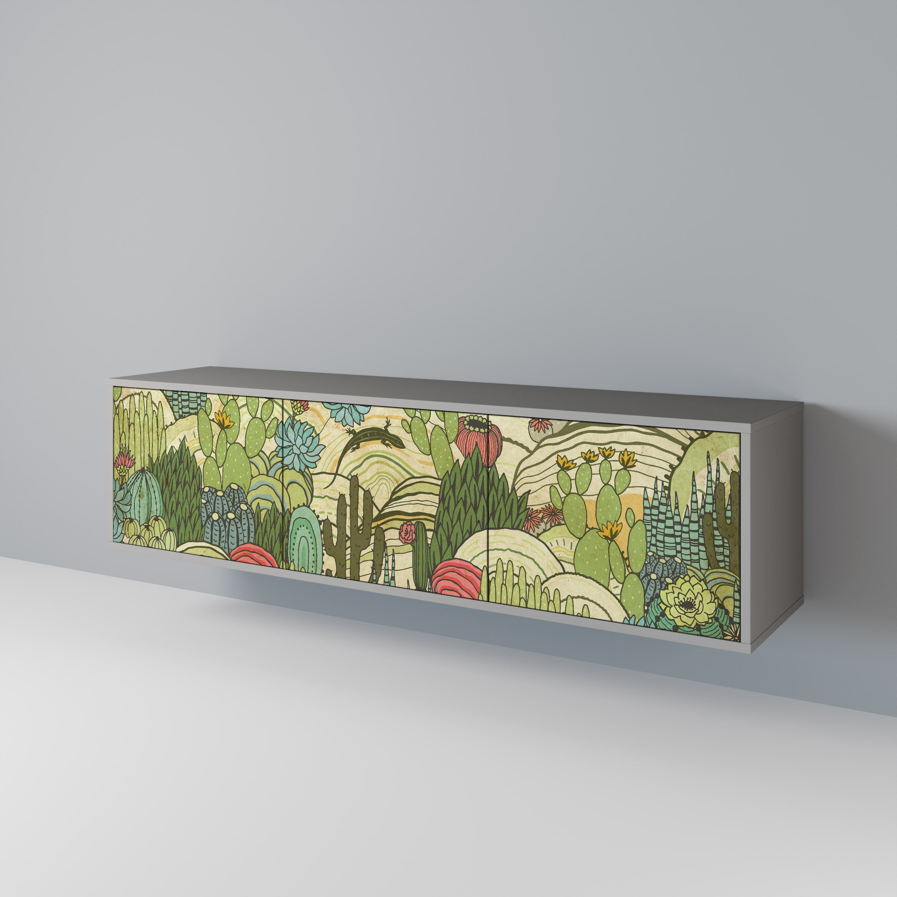 Meuble TV 3 portes SUCCULENTS KALEIDOSCOPE, finition grise