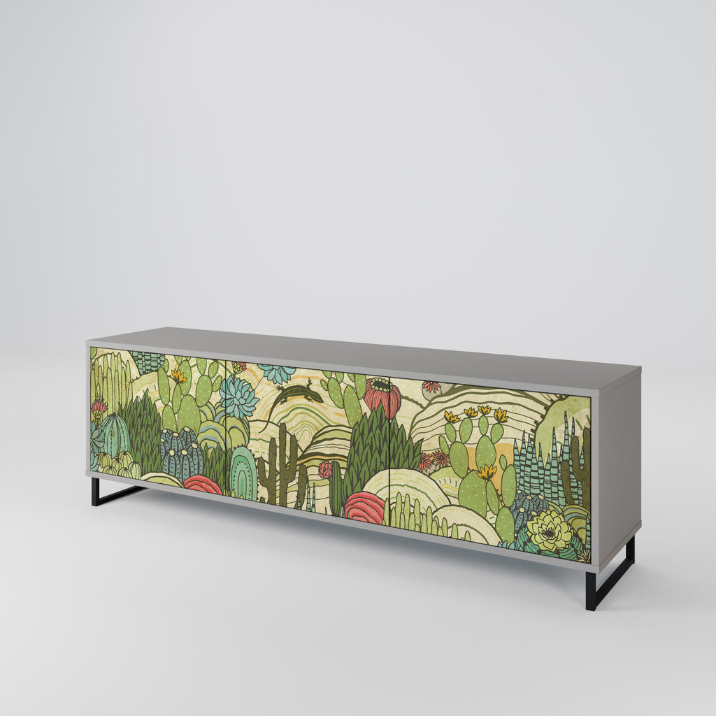 Meuble TV 3 portes SUCCULENTS KALEIDOSCOPE, finition grise