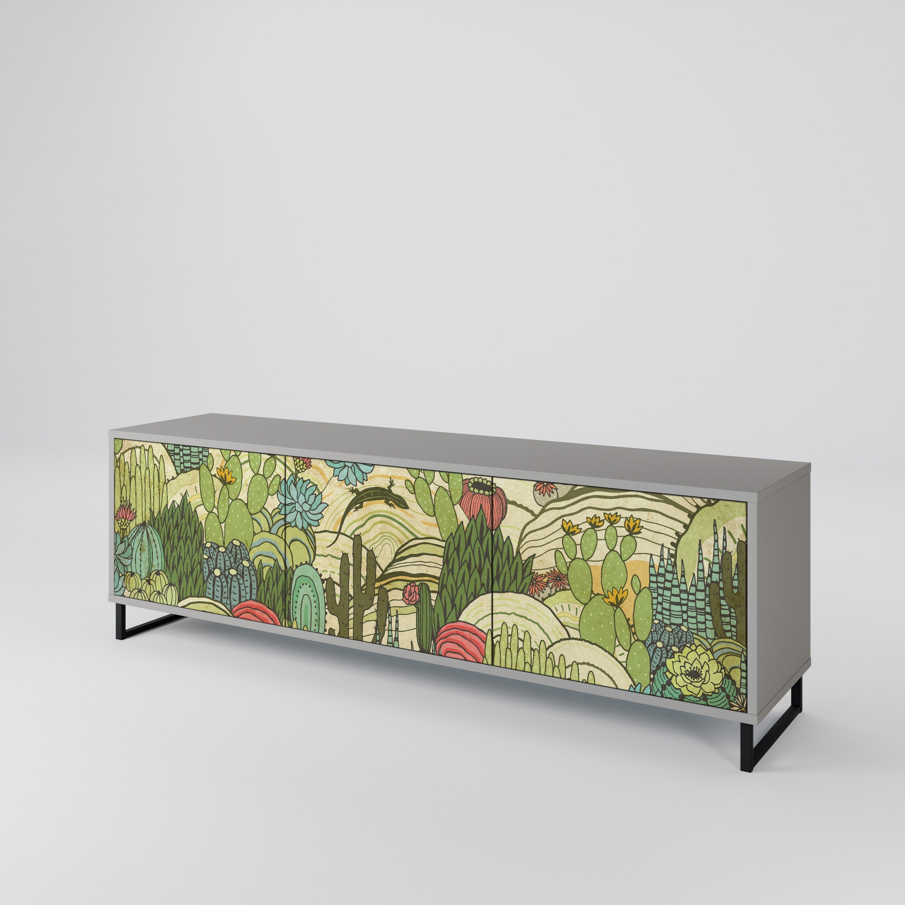 Meuble TV 3 portes SUCCULENTS KALEIDOSCOPE, finition grise