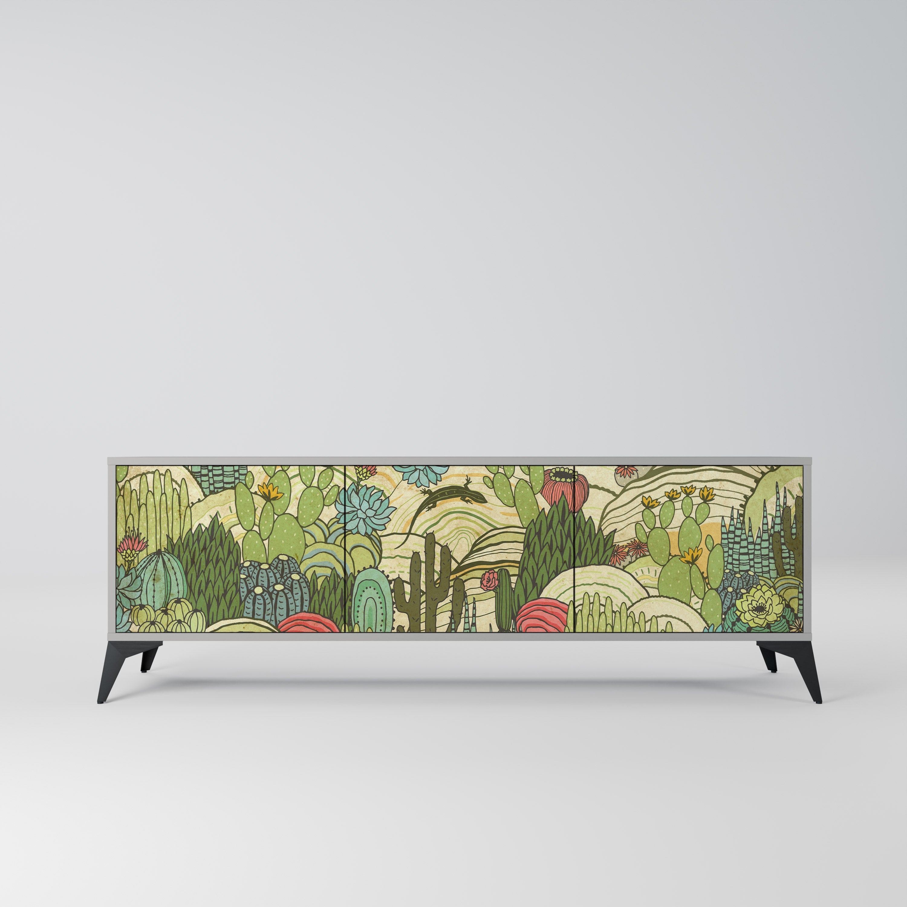 Meuble TV 3 portes SUCCULENTS KALEIDOSCOPE, finition grise