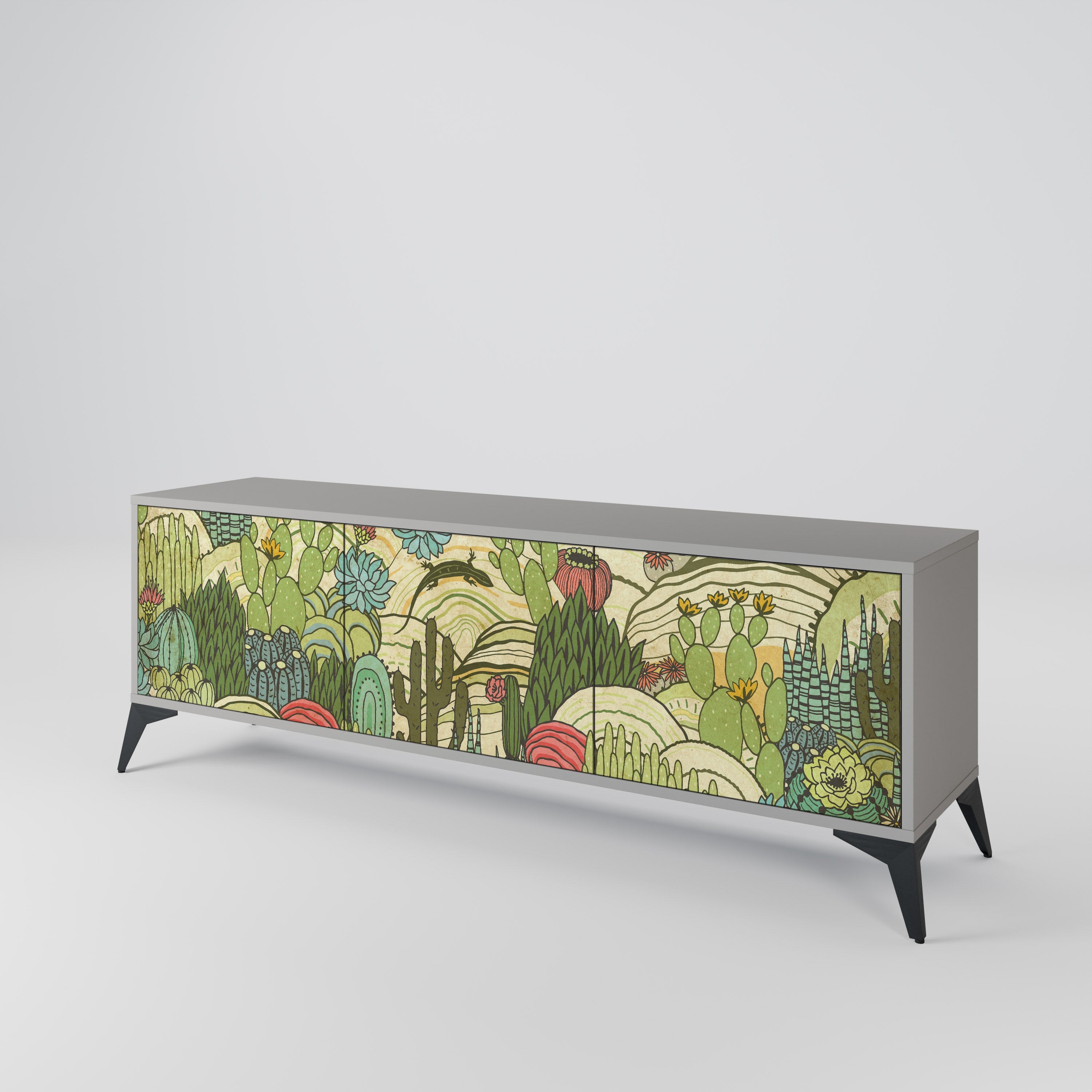 Meuble TV 3 portes SUCCULENTS KALEIDOSCOPE, finition grise