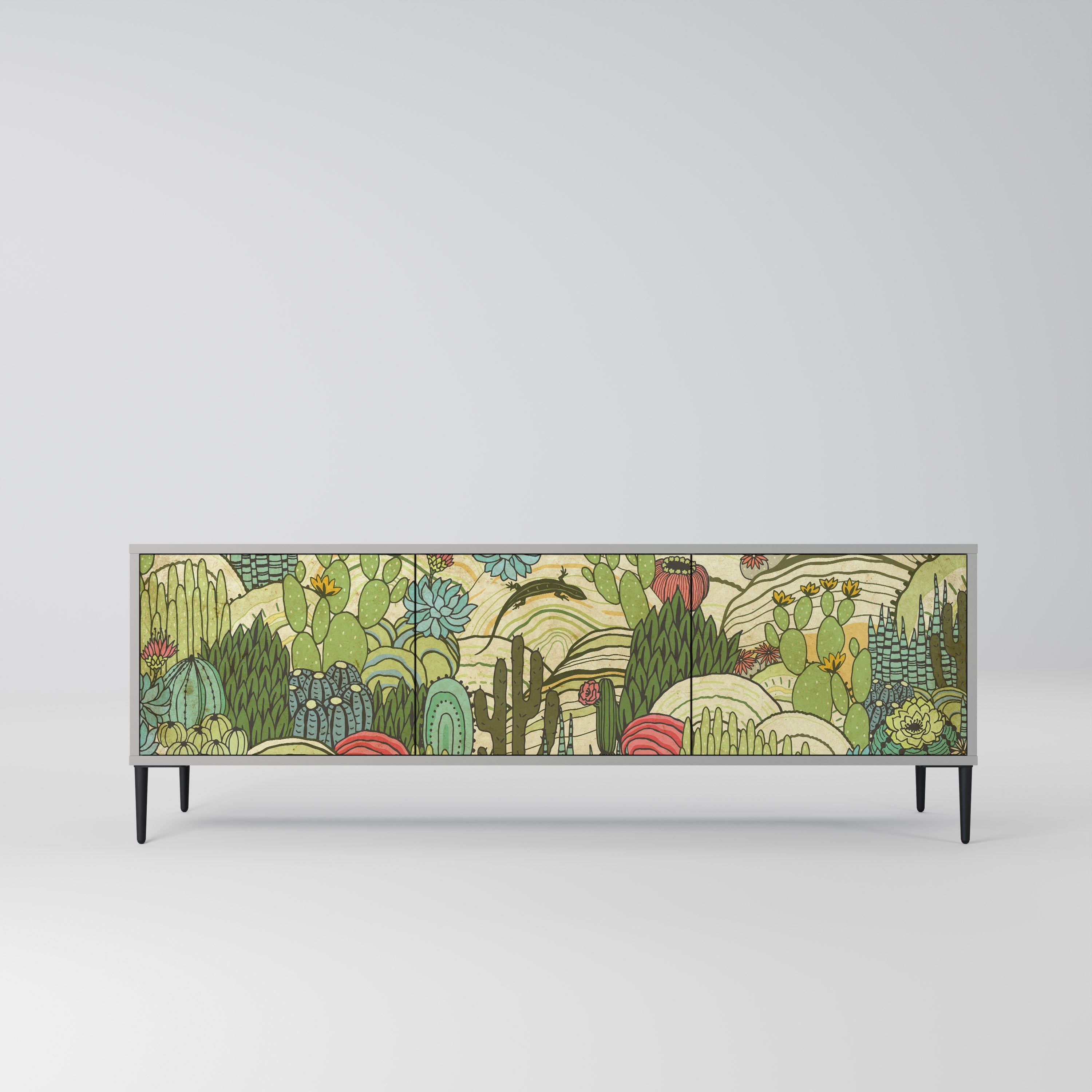 Meuble TV 3 portes SUCCULENTS KALEIDOSCOPE, finition grise