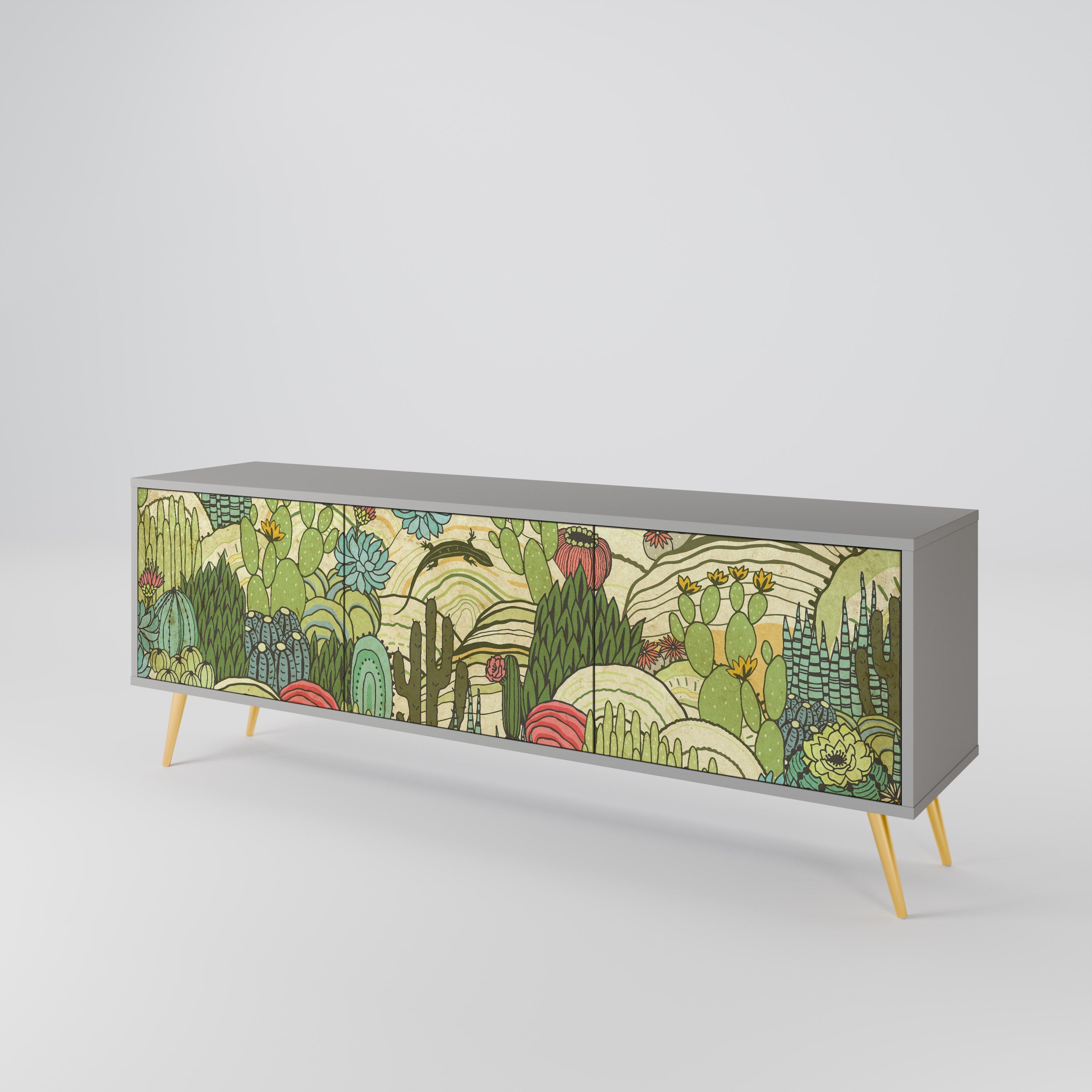 Meuble TV 3 portes SUCCULENTS KALEIDOSCOPE, finition grise