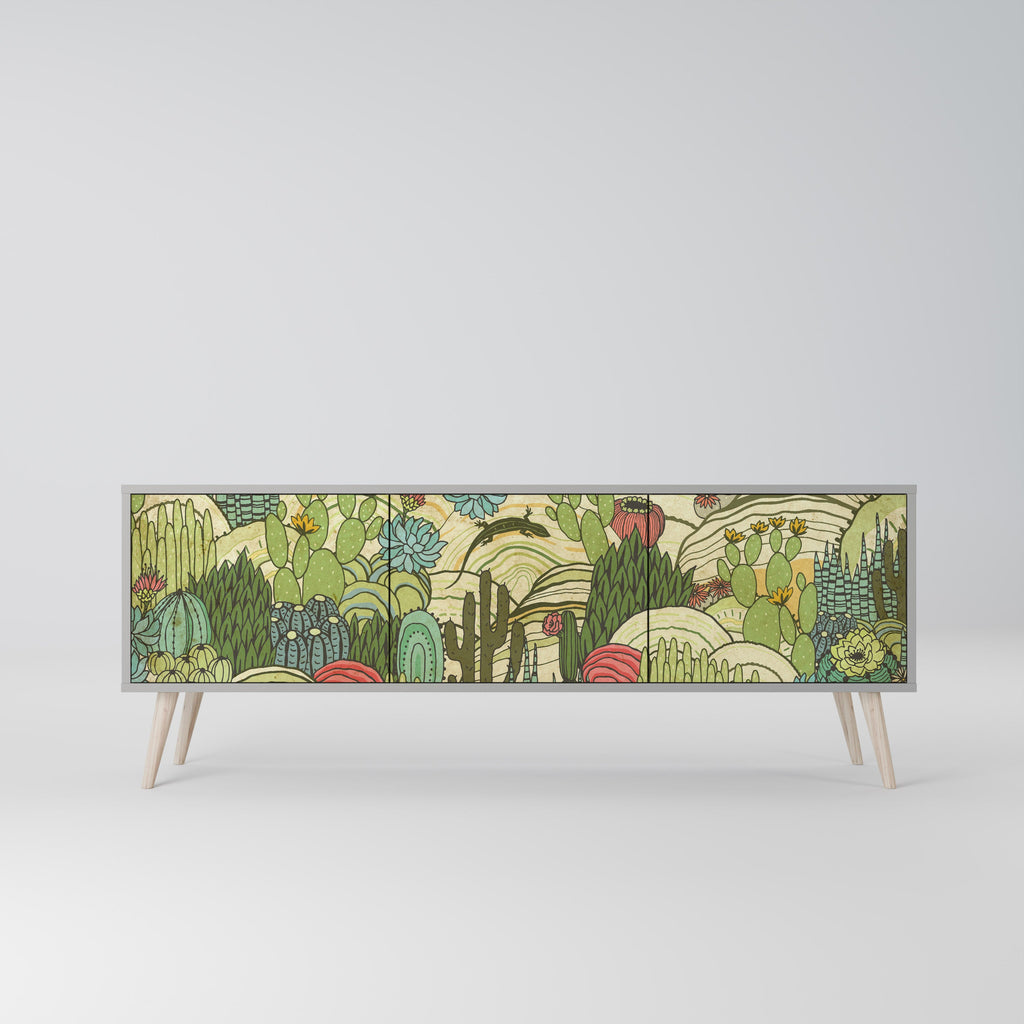 Meuble TV 3 portes SUCCULENTS KALEIDOSCOPE, finition grise