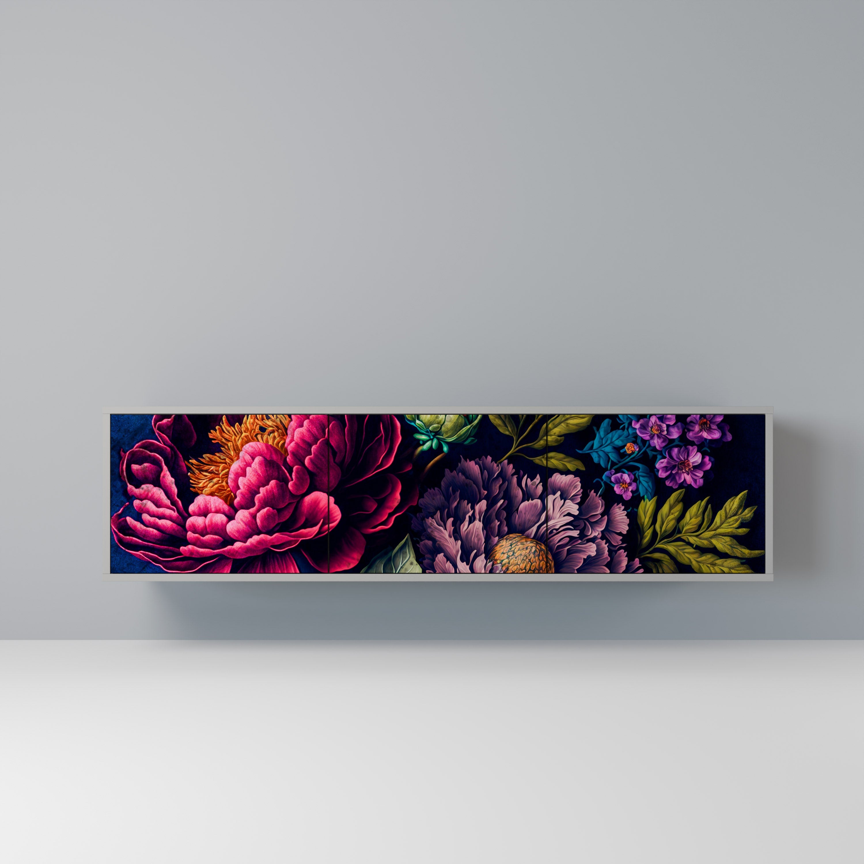 Meuble TV 3 portes BLOOMING ELEGANCE, finition grise