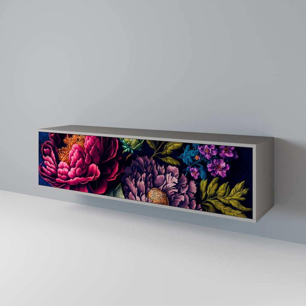 Meuble TV 3 portes BLOOMING ELEGANCE, finition grise