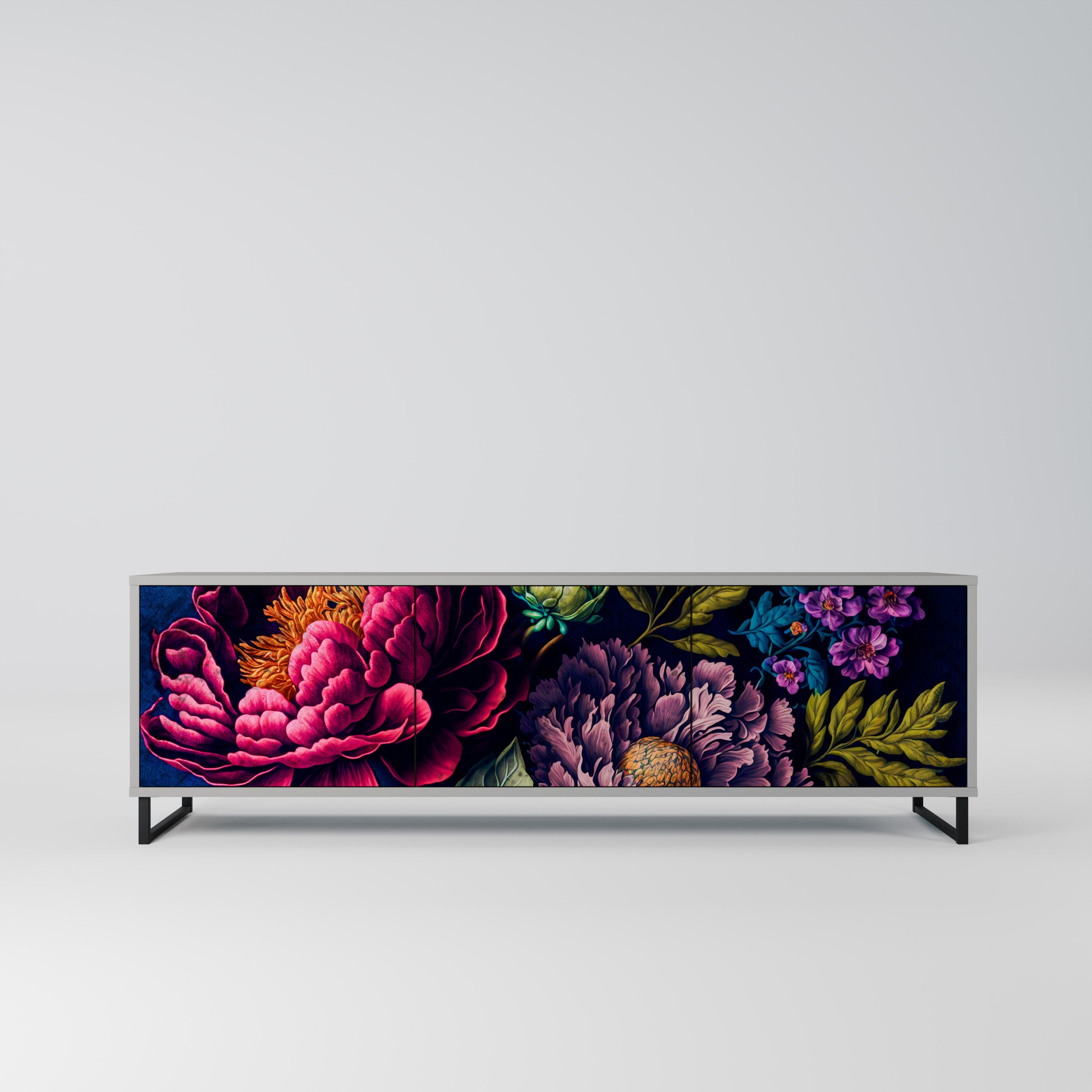 Meuble TV 3 portes BLOOMING ELEGANCE, finition grise