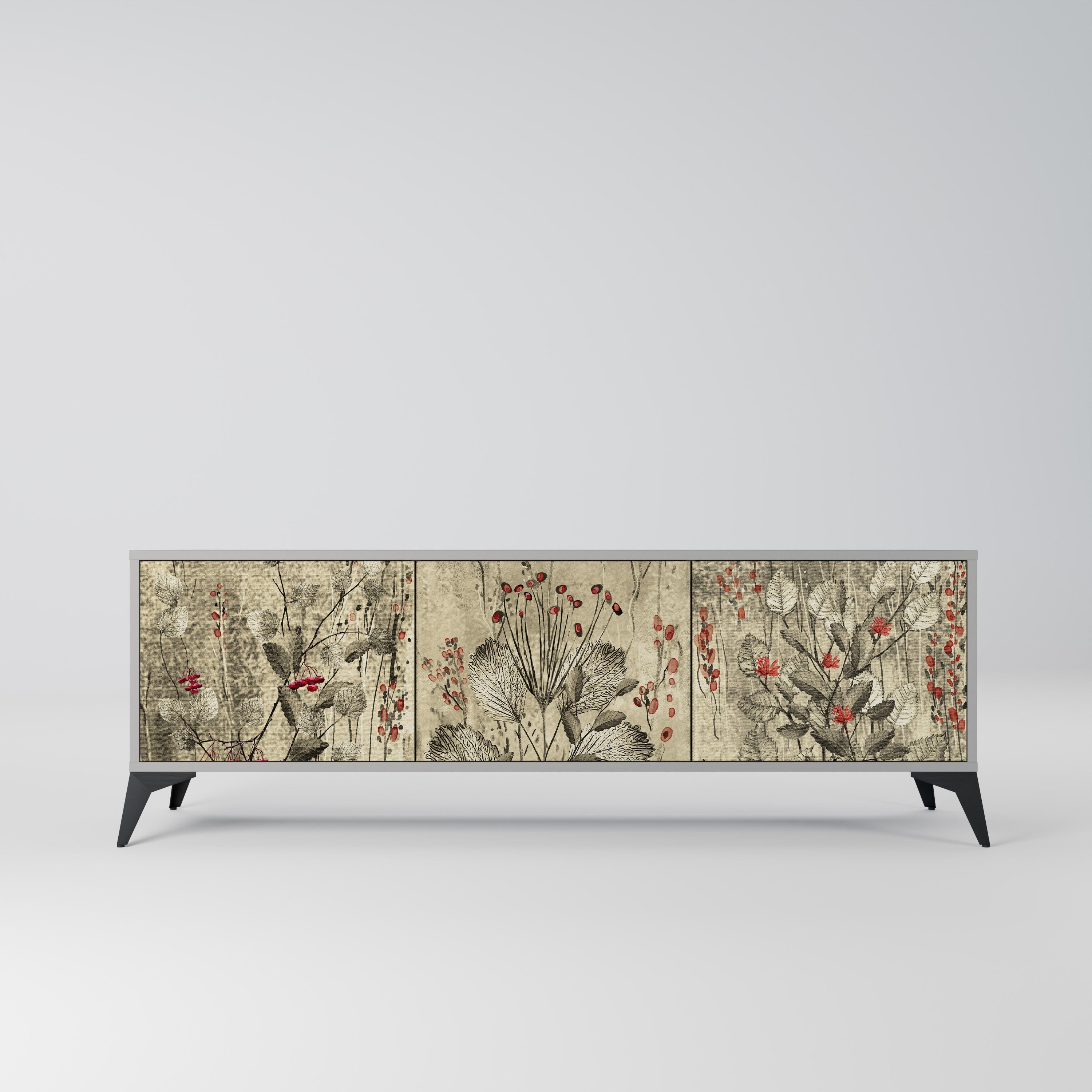 Meuble TV 3 portes HERBAL GRACE, finition grise