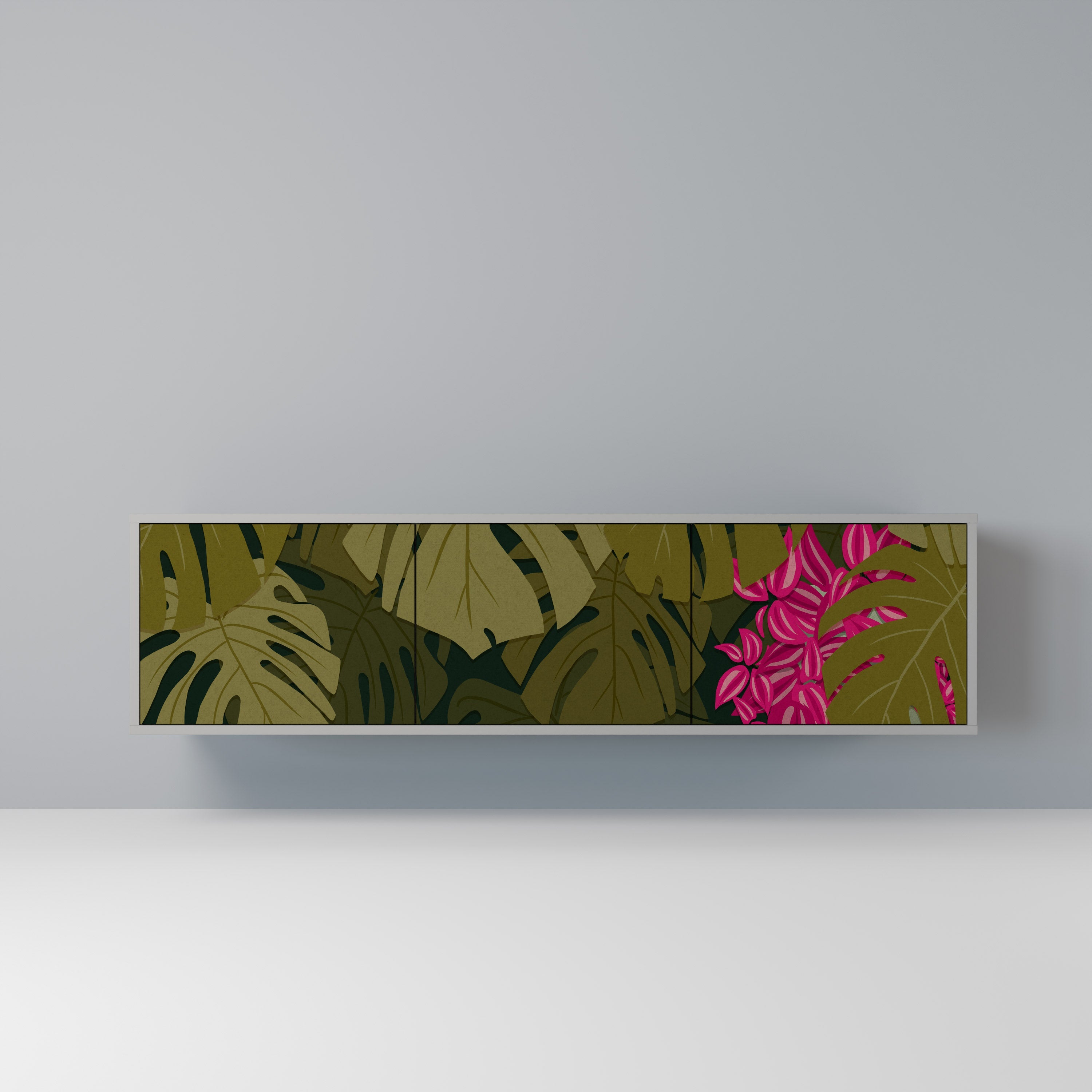 Meuble TV 3 portes TROPICAL BEAUTY, finition grise