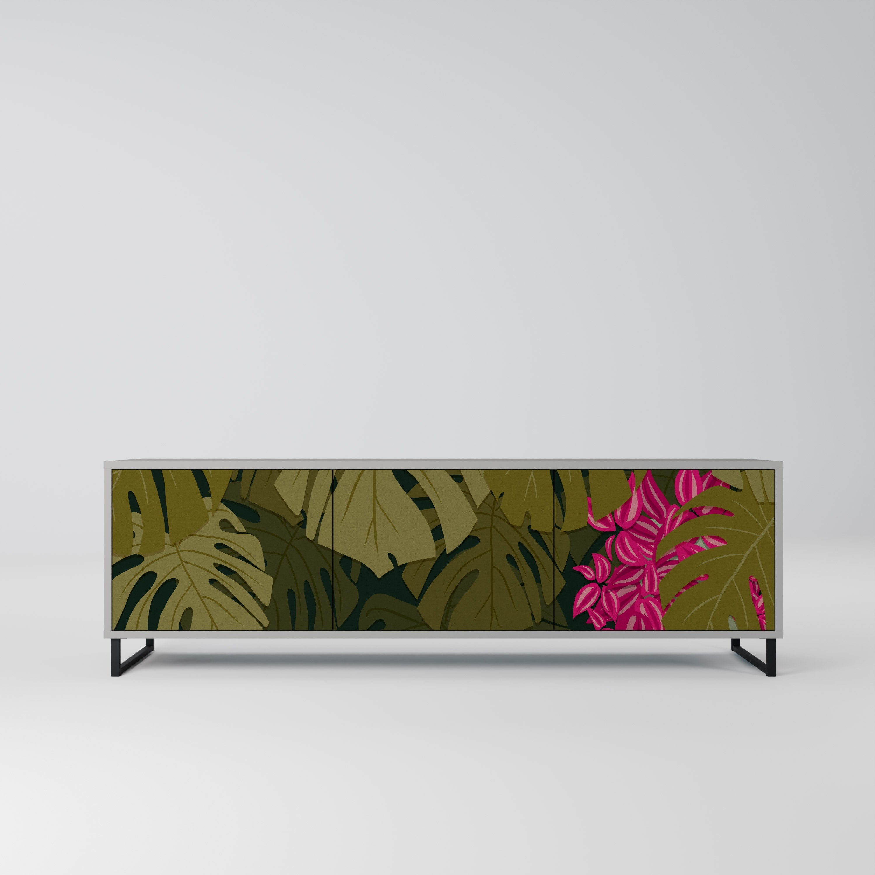 Meuble TV 3 portes TROPICAL BEAUTY, finition grise