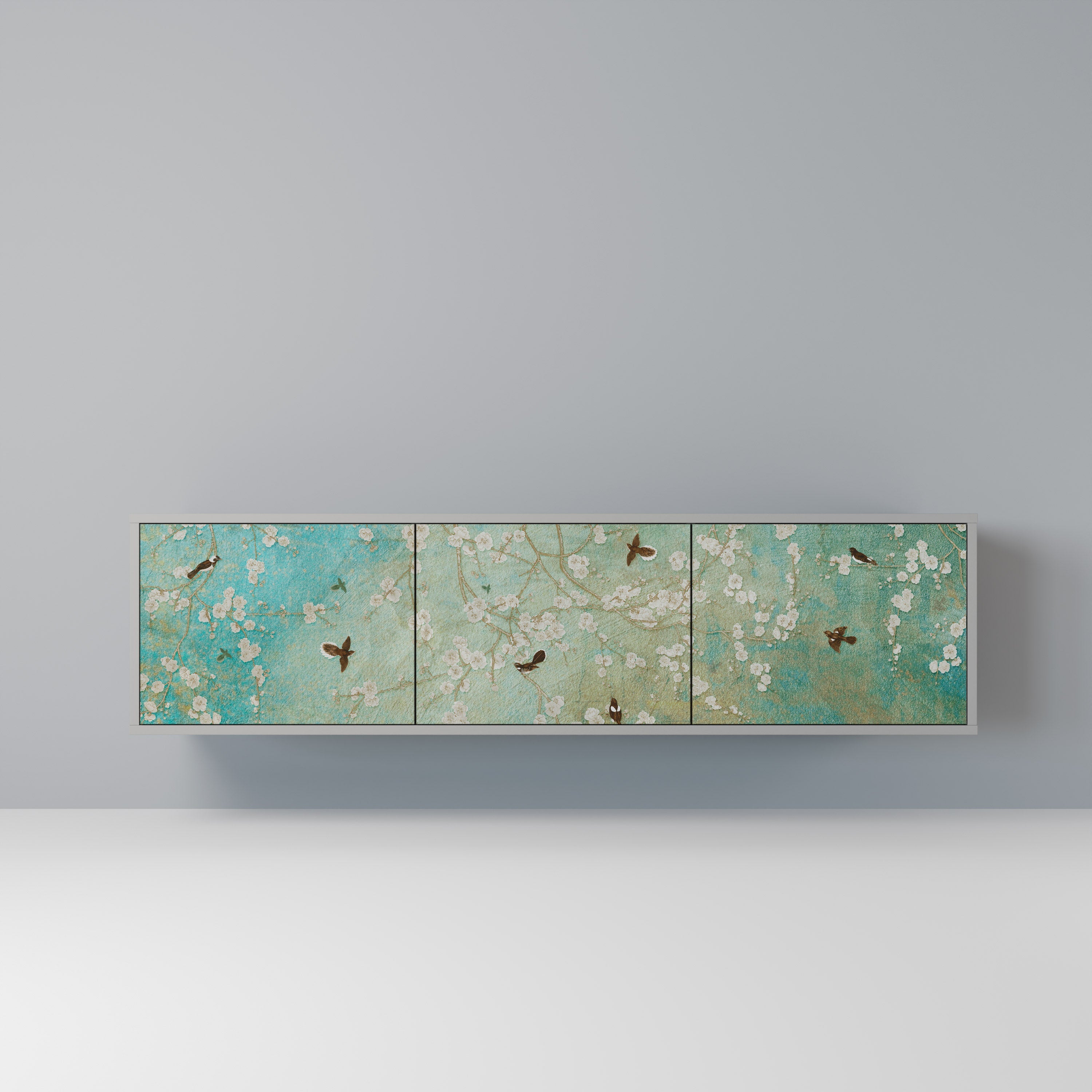 Meuble TV 3 portes BLOOMING CHARM, finition grise