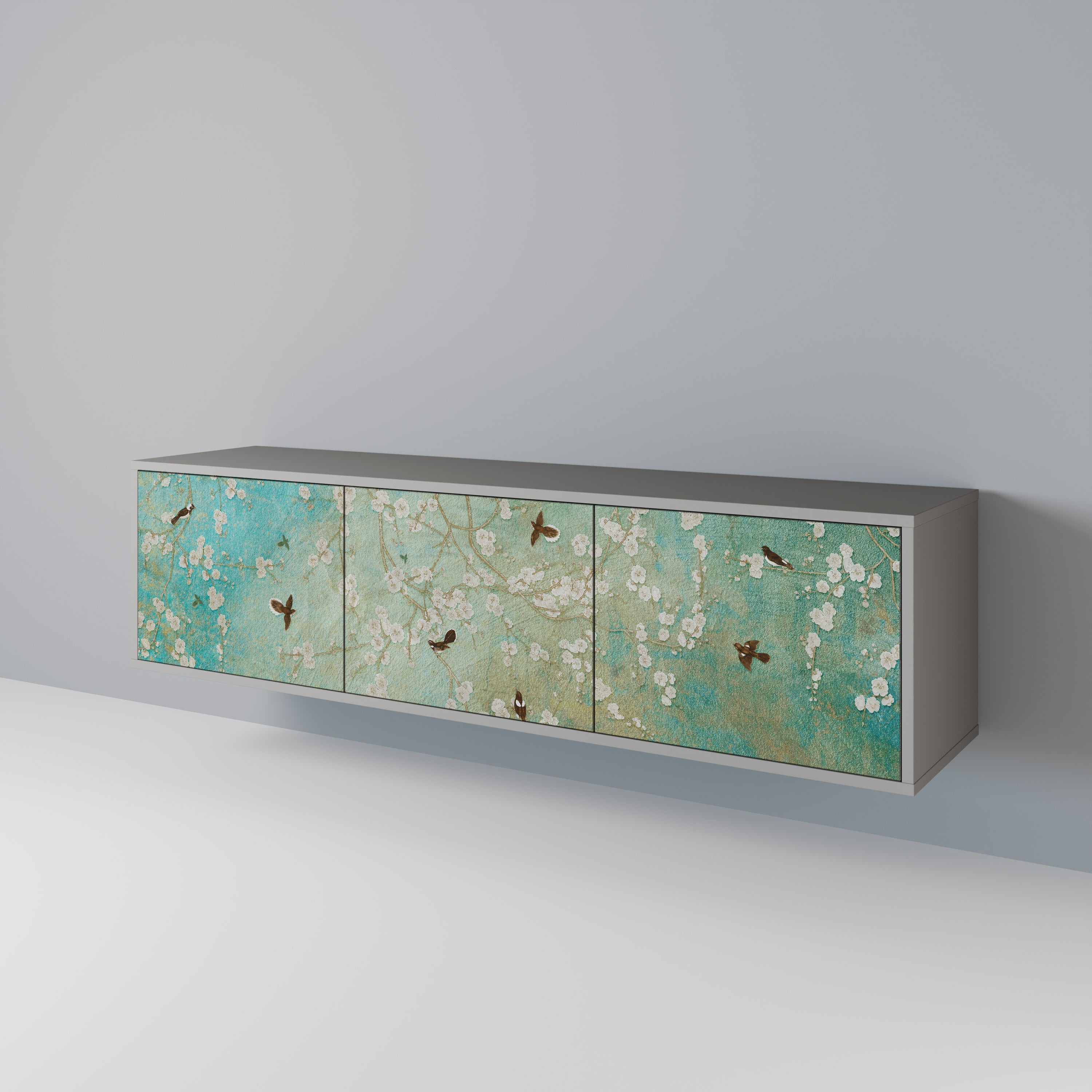 Meuble TV 3 portes BLOOMING CHARM, finition grise