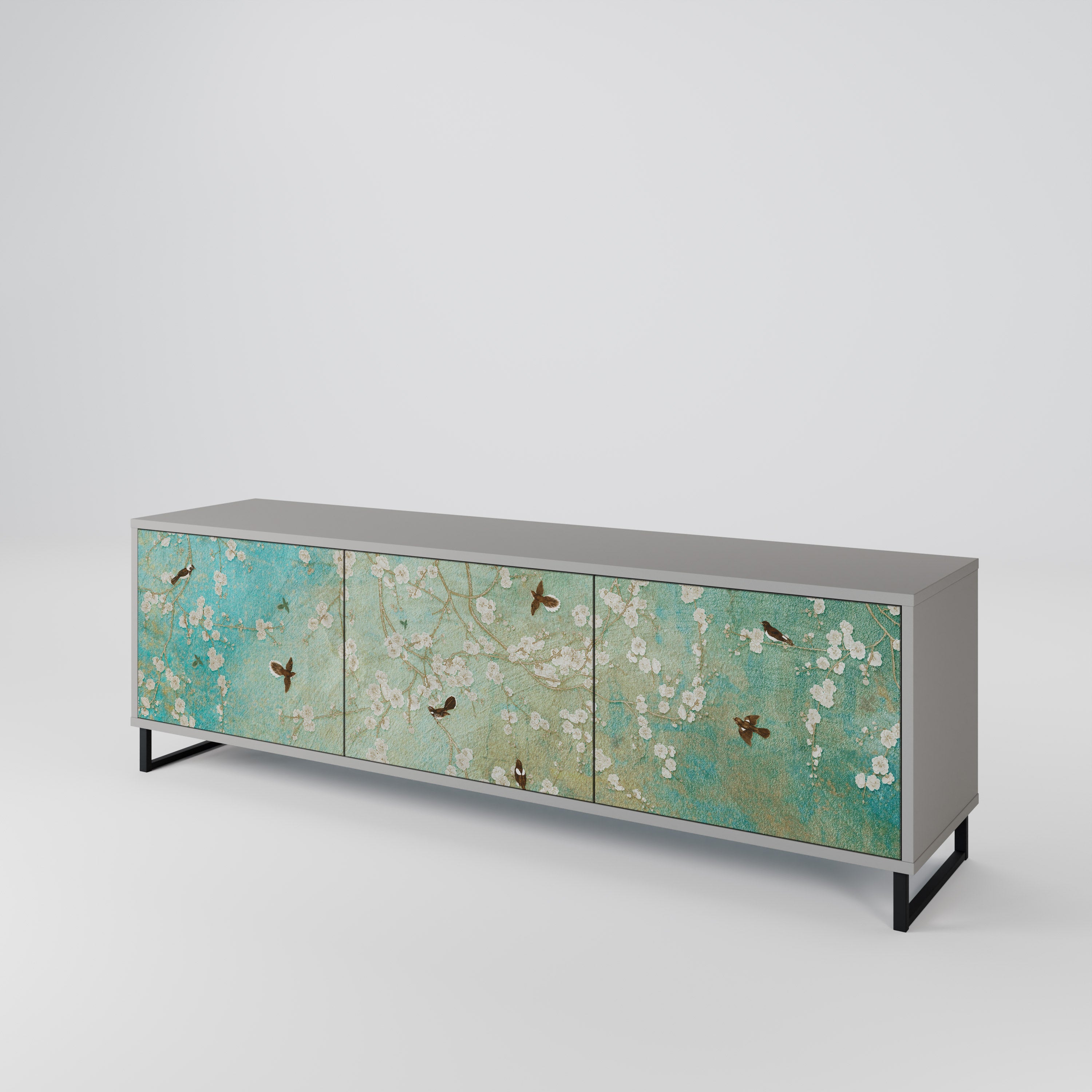 Meuble TV 3 portes BLOOMING CHARM, finition grise