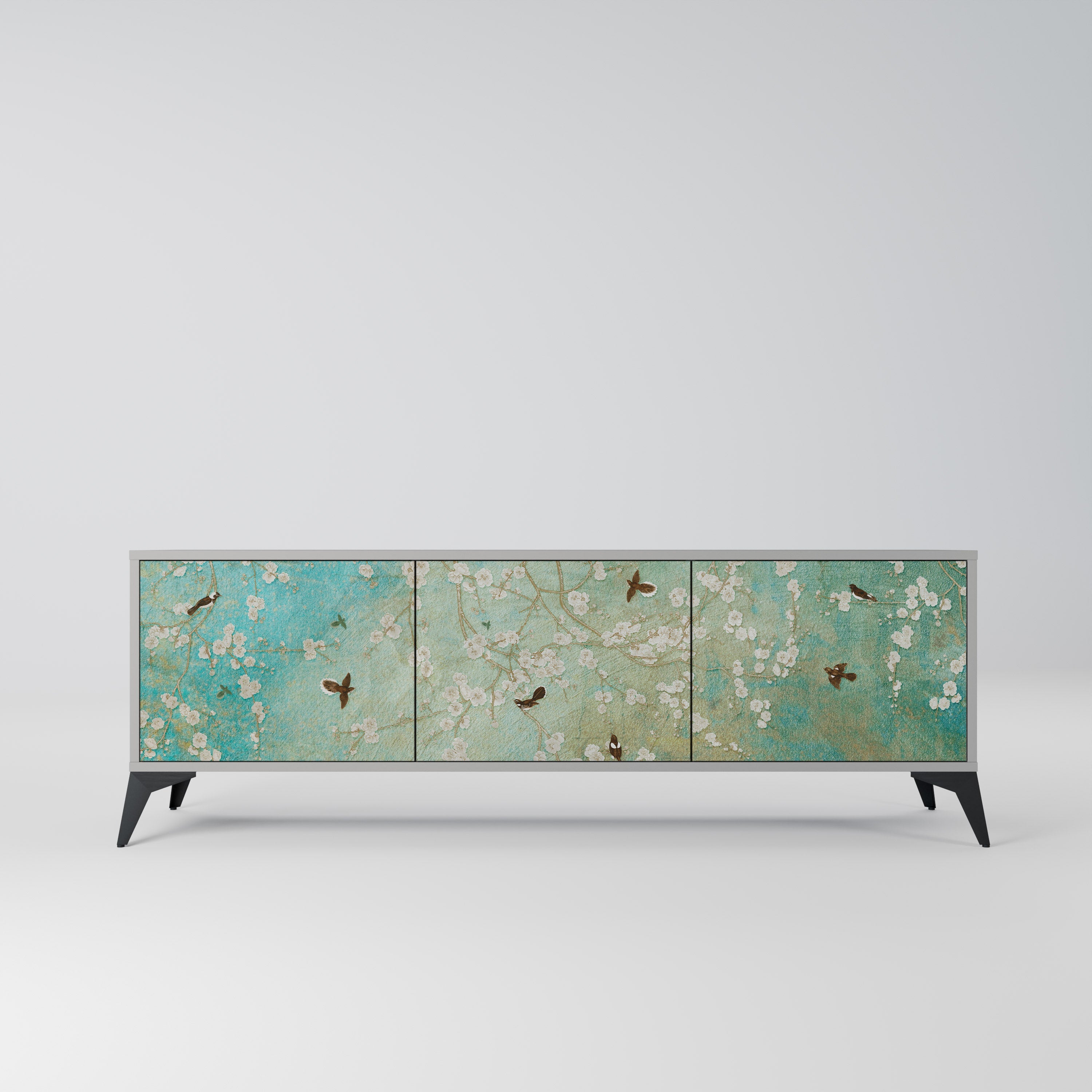 Meuble TV 3 portes BLOOMING CHARM, finition grise