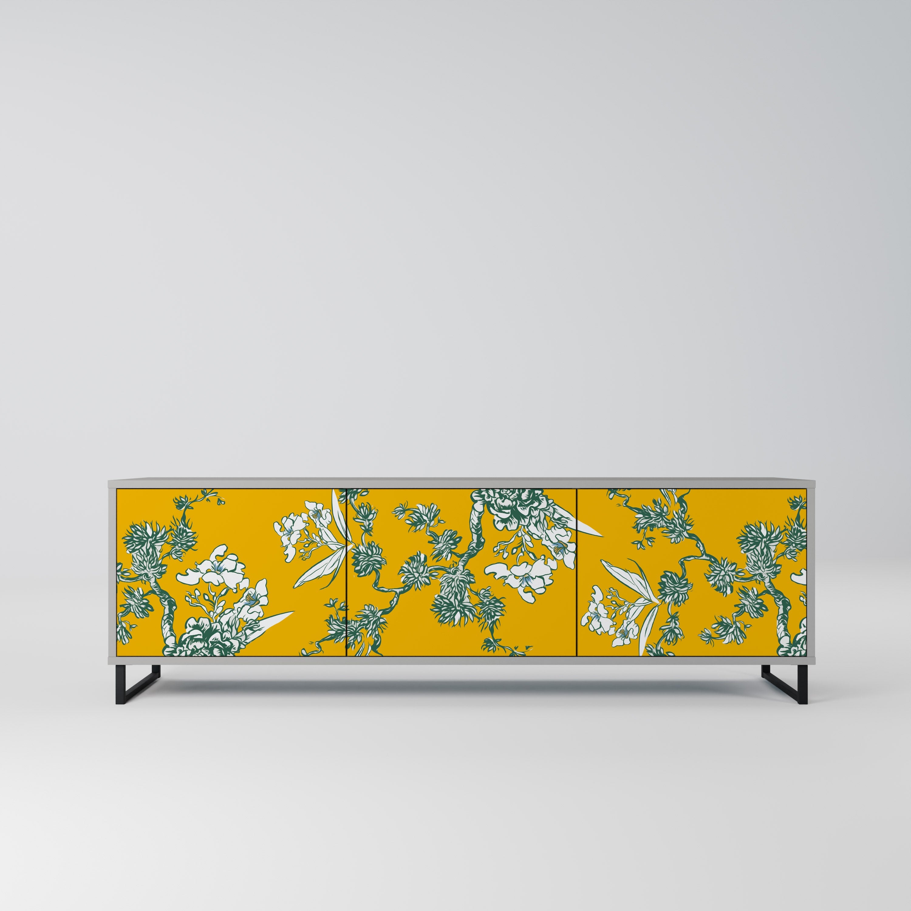 Meuble TV 3 portes YELLOW CHINOISERIE, finition grise